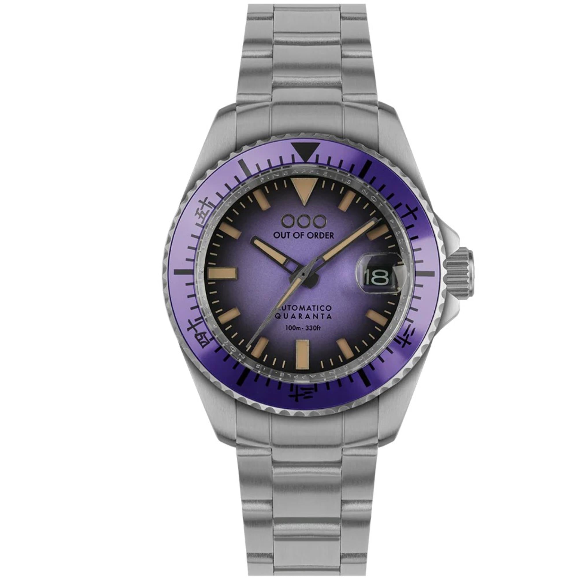 Out Of Order Indigo Automatik Quaranta Ultra Gebürstetes Lila Zifferblatt Stahlarmband Herren Uhr OOO.001-21.LI.SS