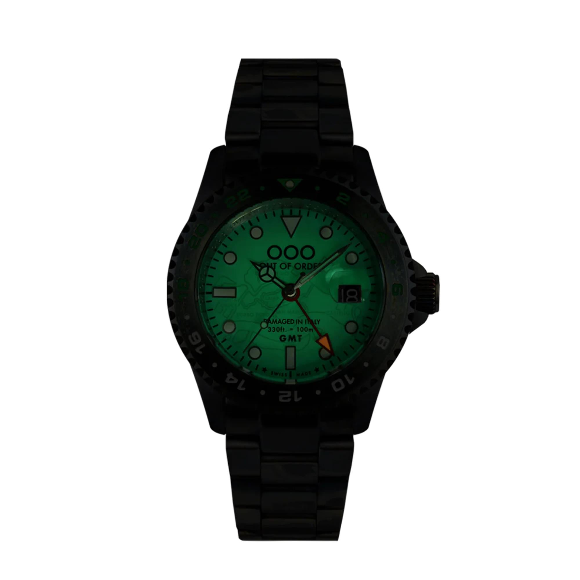 Out of Order Swiss Made GMT Venezia Ultra Distressed Green Dial Steel Strap Men's Watch OOO.001-19.VE