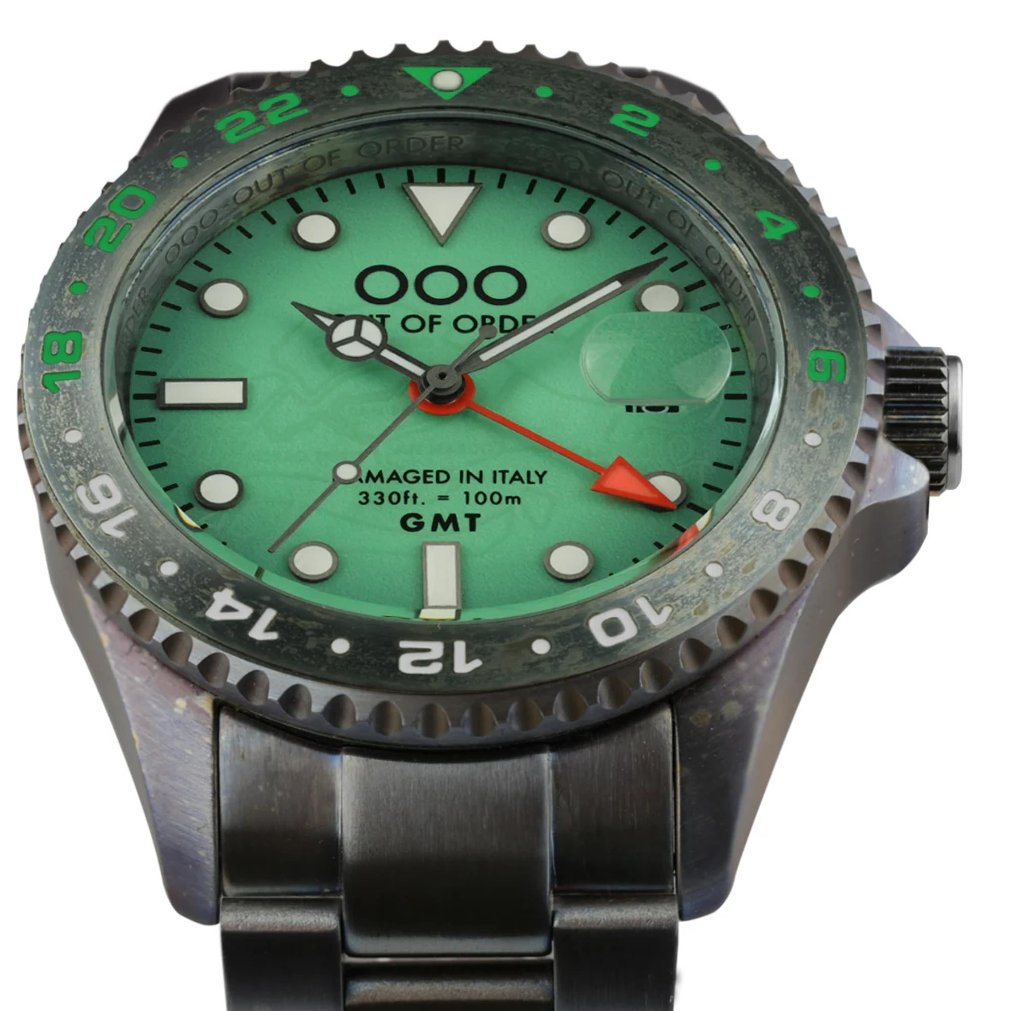 Out of Order Swiss Made GMT Venezia Ultra Distressed Green Dial Steel Strap Men's Watch OOO.001-19.VE
