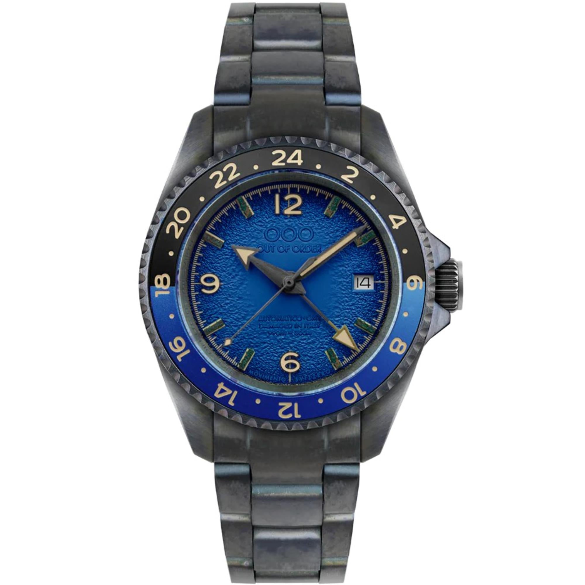 Out Of Order Blaue Trecento GMT Automatik Blaues Zifferblatt Stahlarmband Herren Uhr OOO.001-24.BL