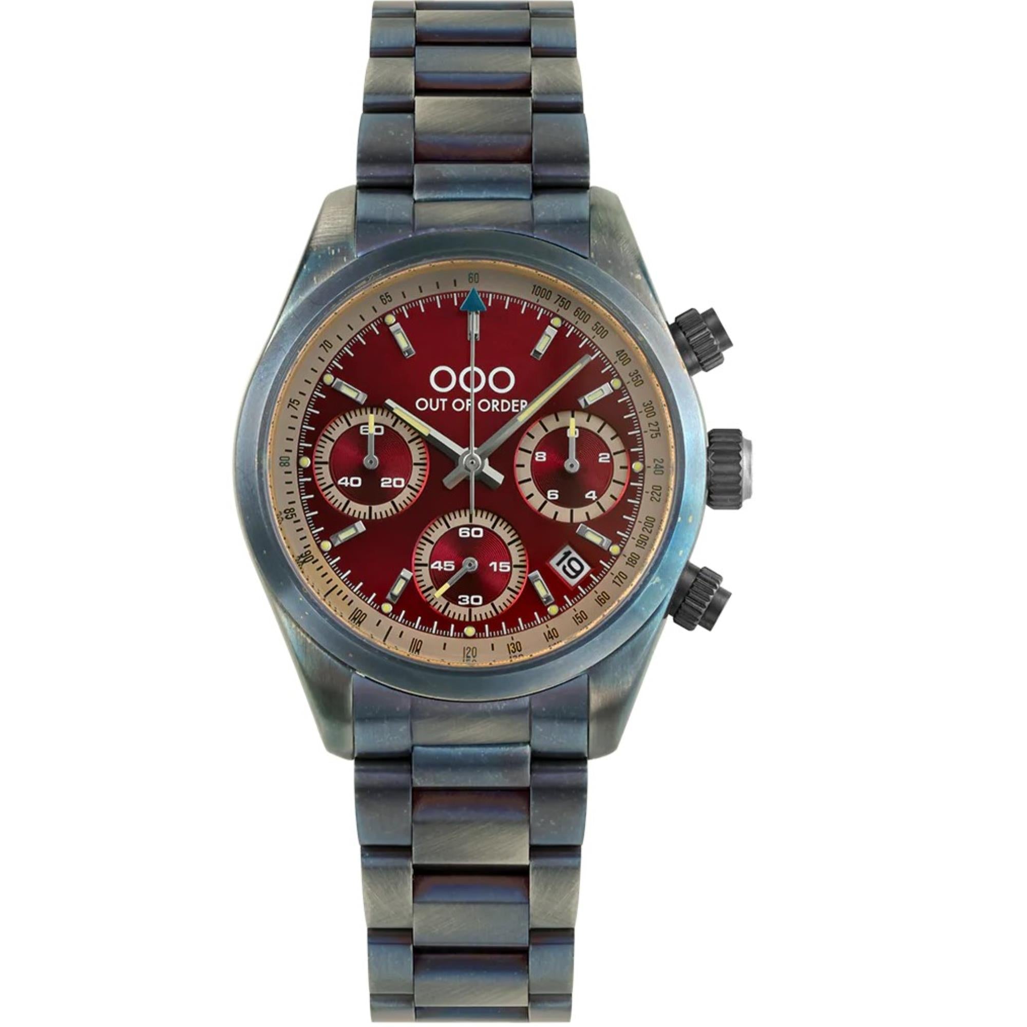 Out of Order Sporty Chronograph Quarz Rotes Zifferblatt Stahlarmband Herren Uhr OOO.001-23.RO.AC