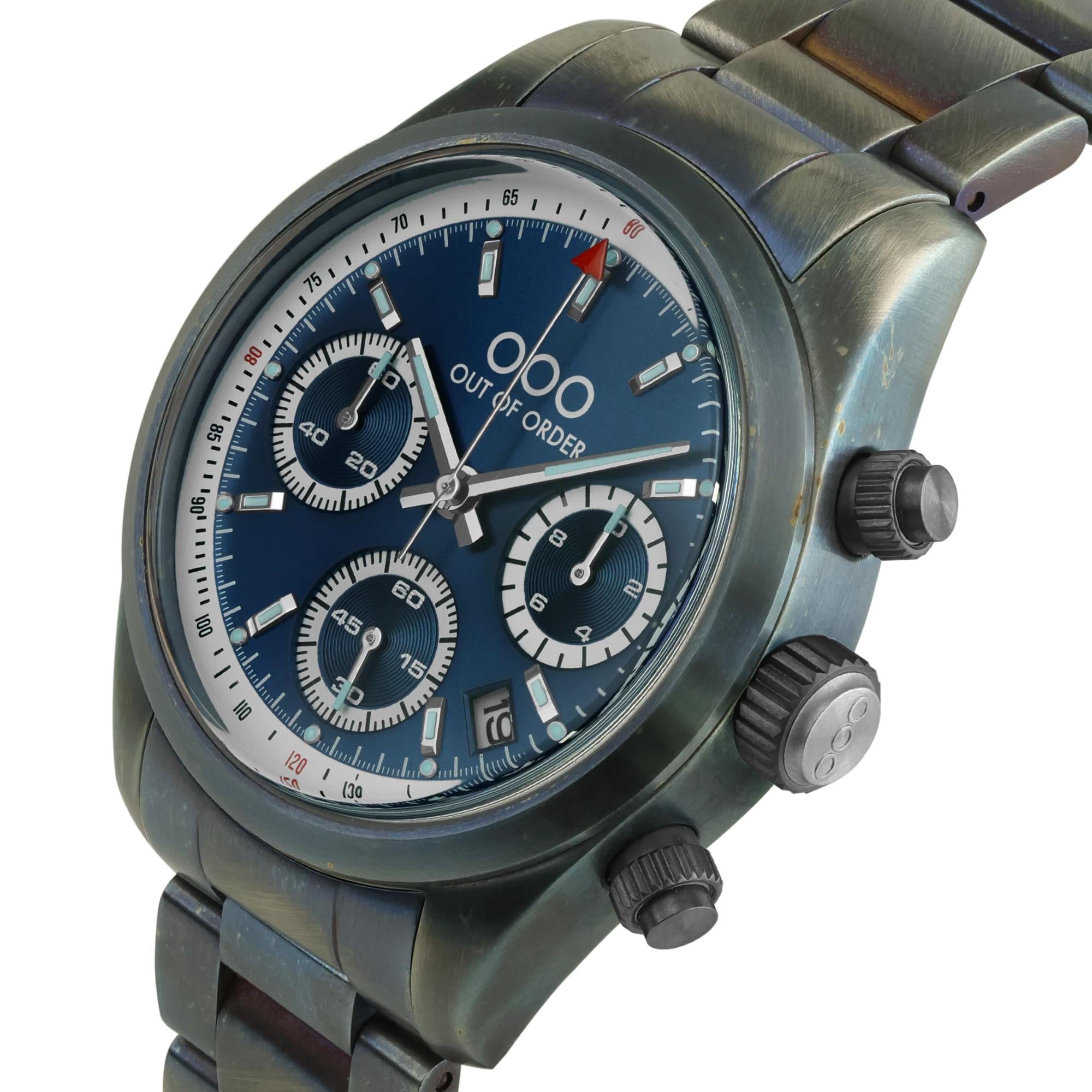 Out of Order Sporty Chronograph Quarz Blau Zifferblatt Stahlarmband Uhr OOO.001-23.BL.AC