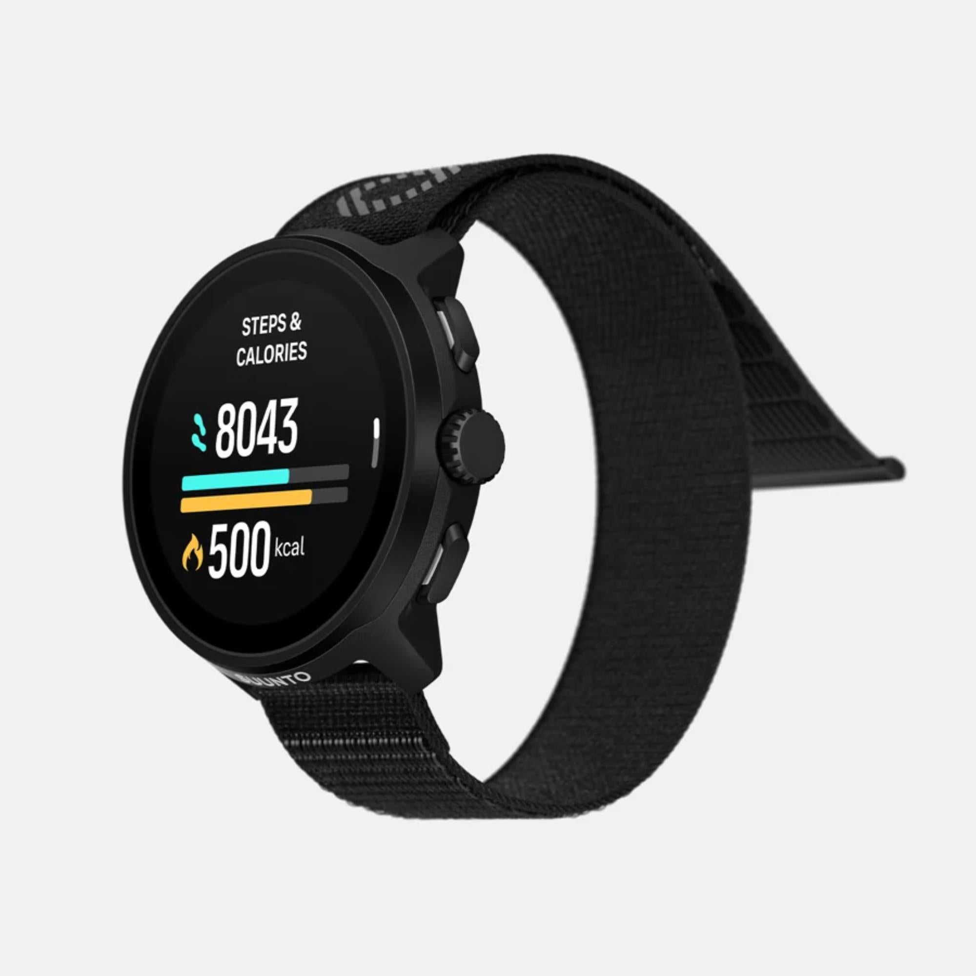 Black smartwatch with a digital display on a light gray background