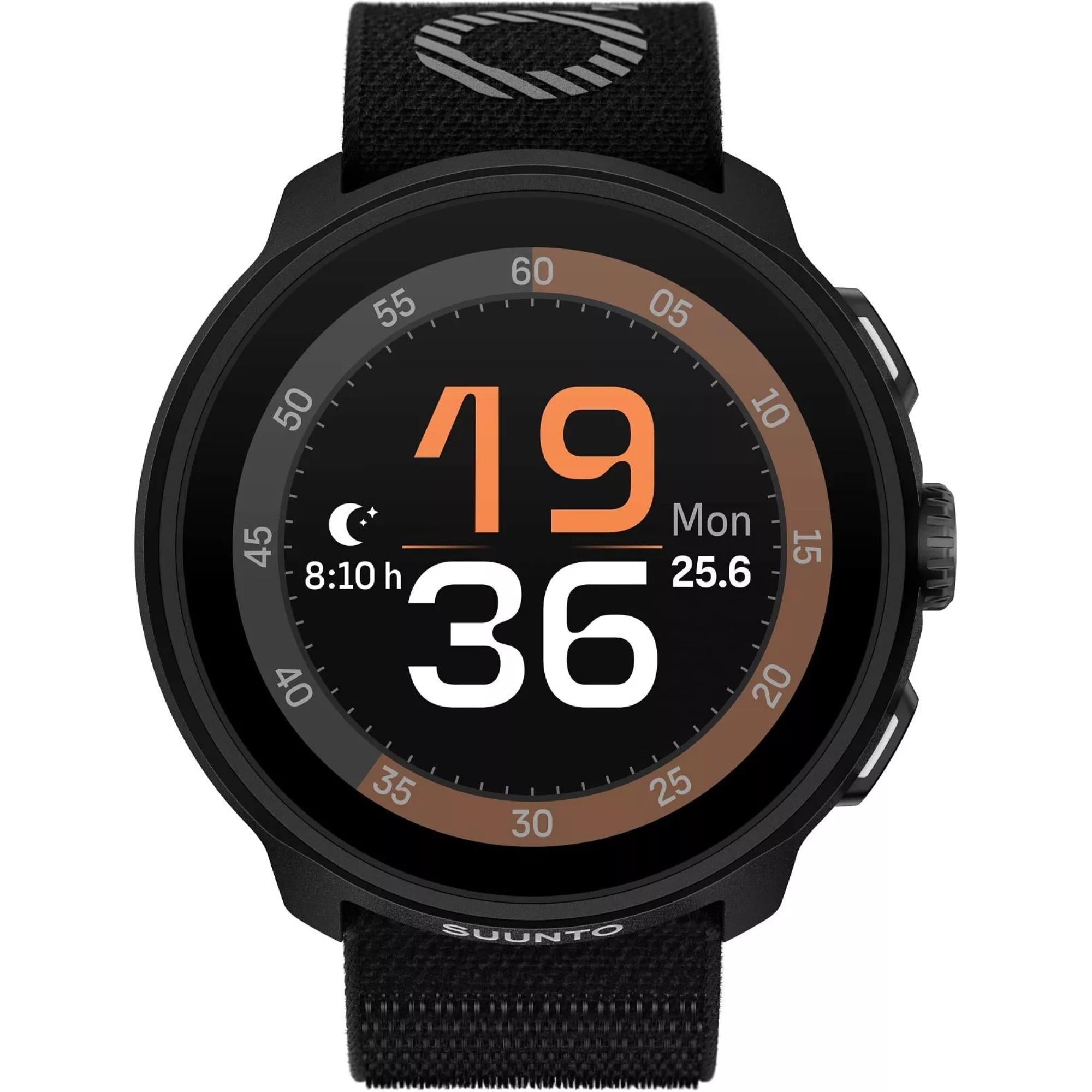Black Suunto smartwatch with digital display on a white background
