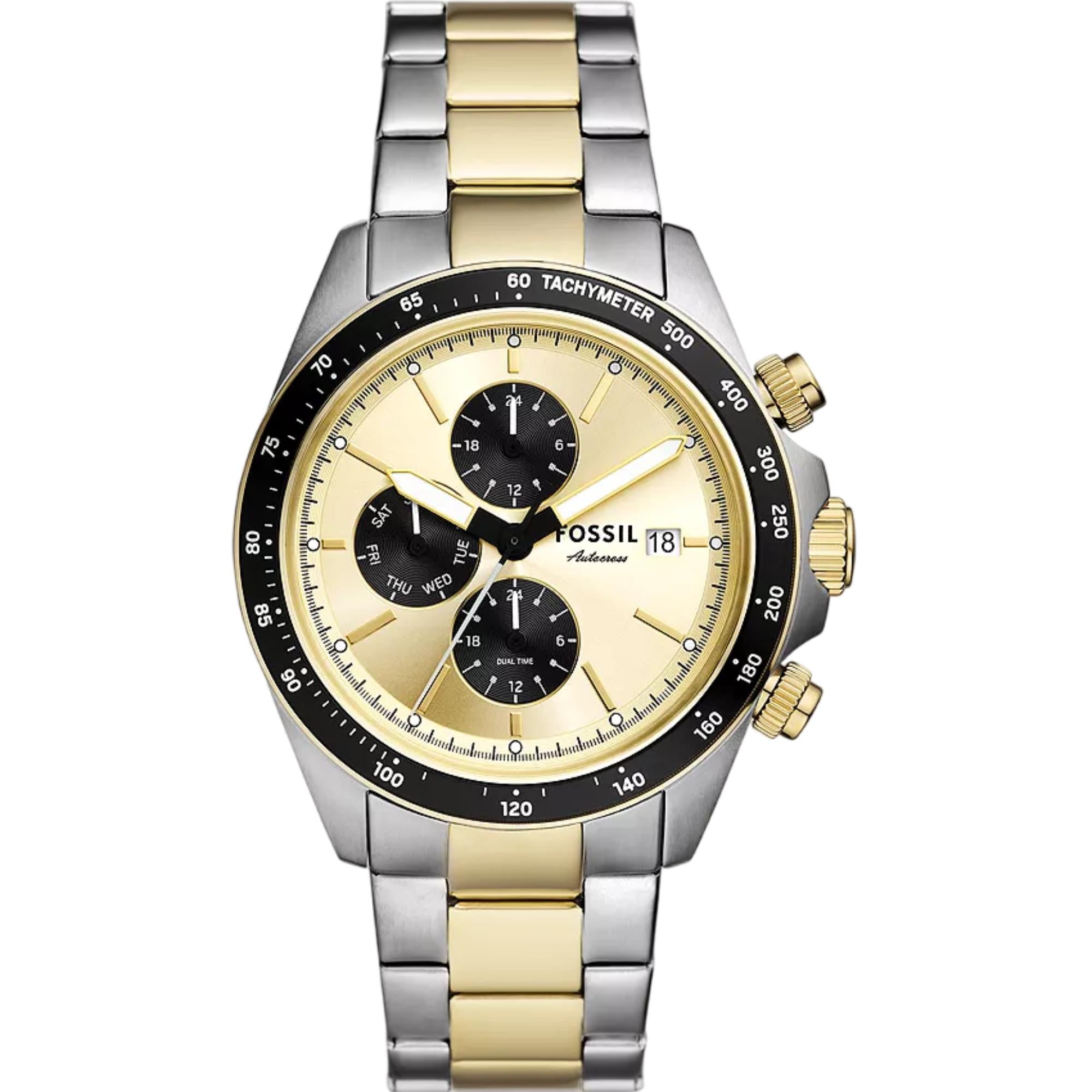 Fossil Autocross 42mm Chronograph Herren Quarz Uhr mit goldenem Zifferblatt und Stahlband FS6126