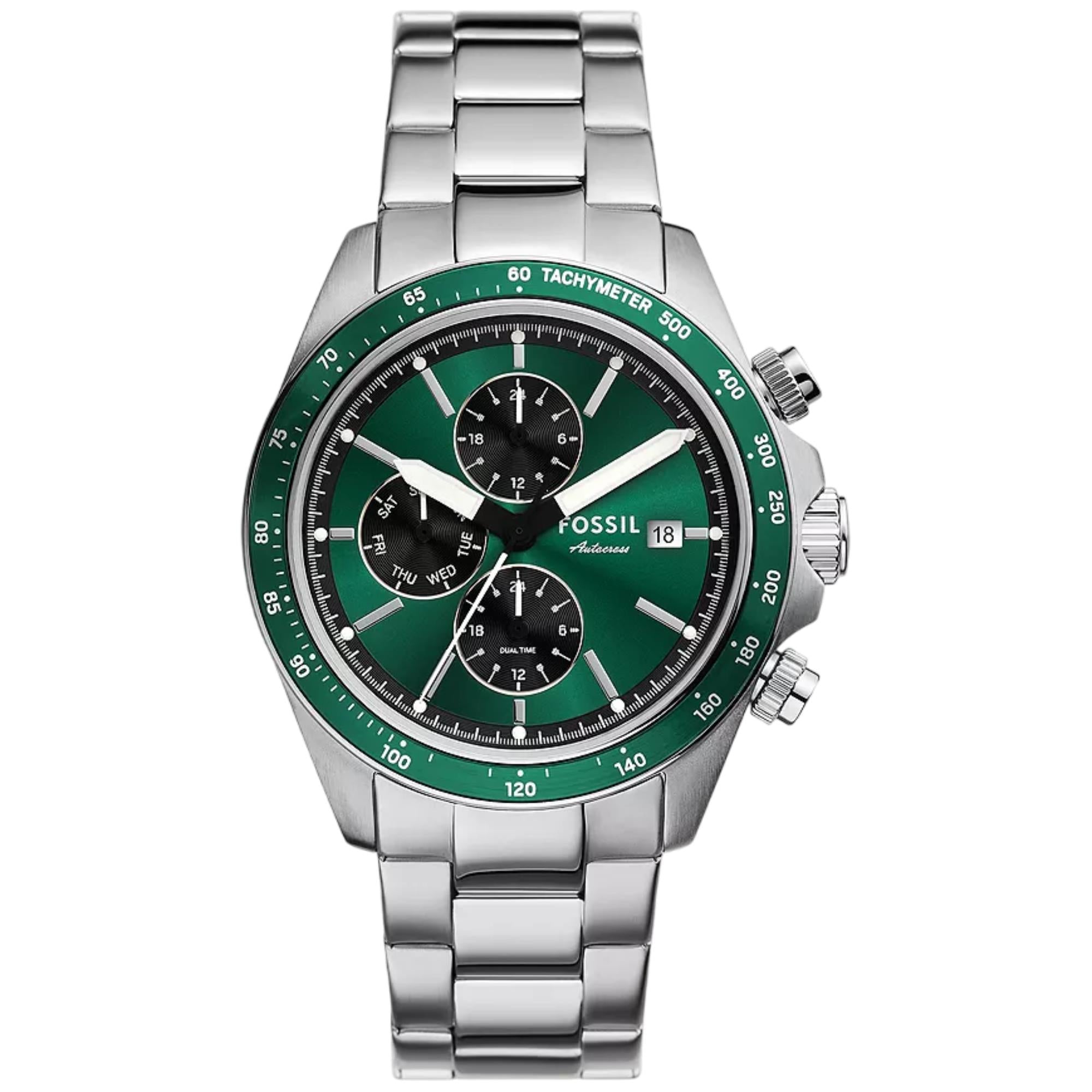 Fossil Autocross 42mm Chronograph Herren Quarz Uhr mit grünem Zifferblatt und Stahlband FS6127