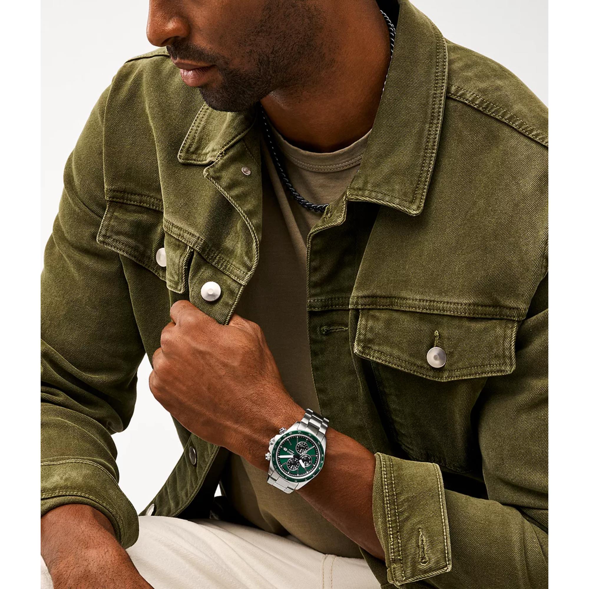 Fossil Autocross 42mm Chronograph Herren Quarz Uhr mit grünem Zifferblatt und Stahlband FS6127