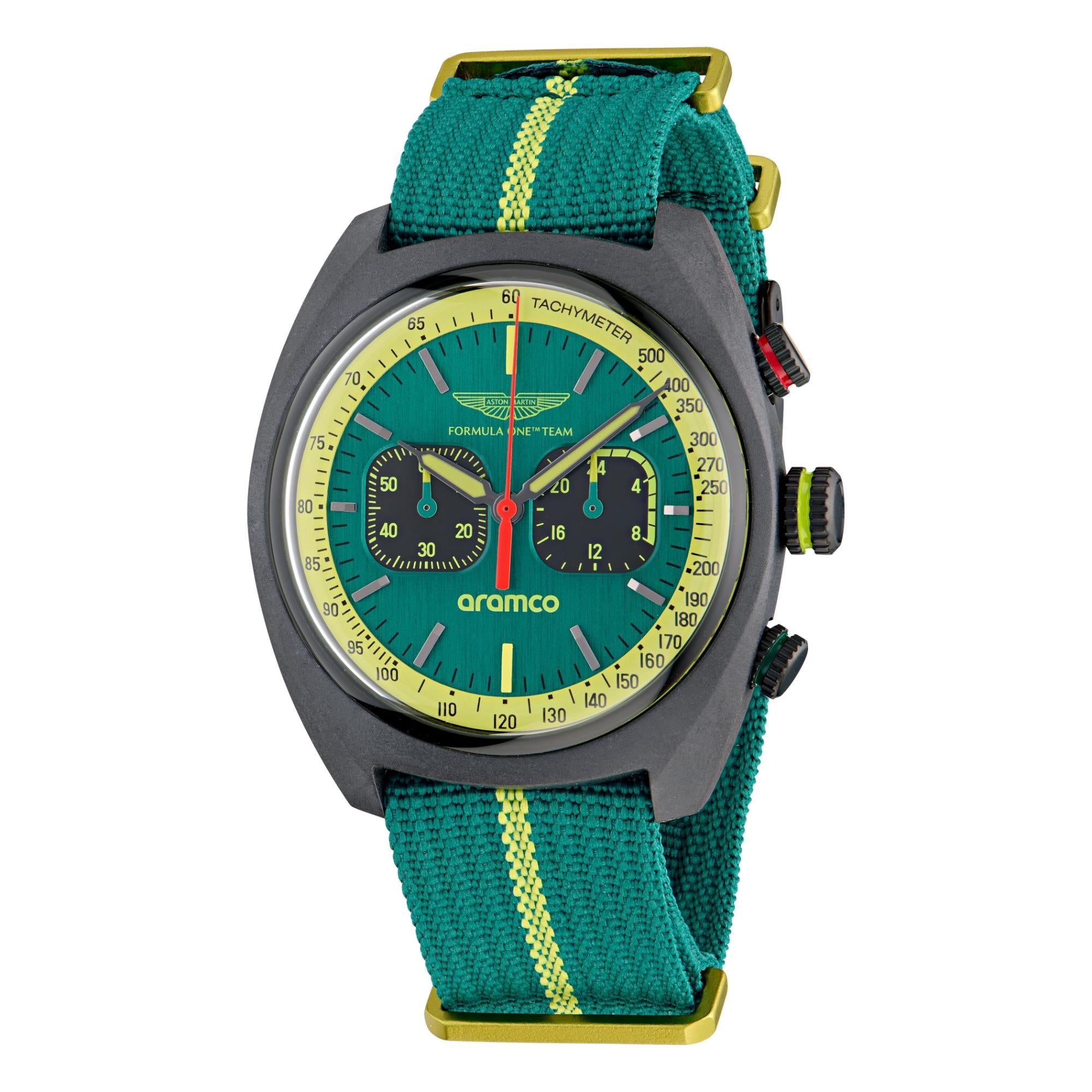 Wristwatch with green strap and detailed face on a white background