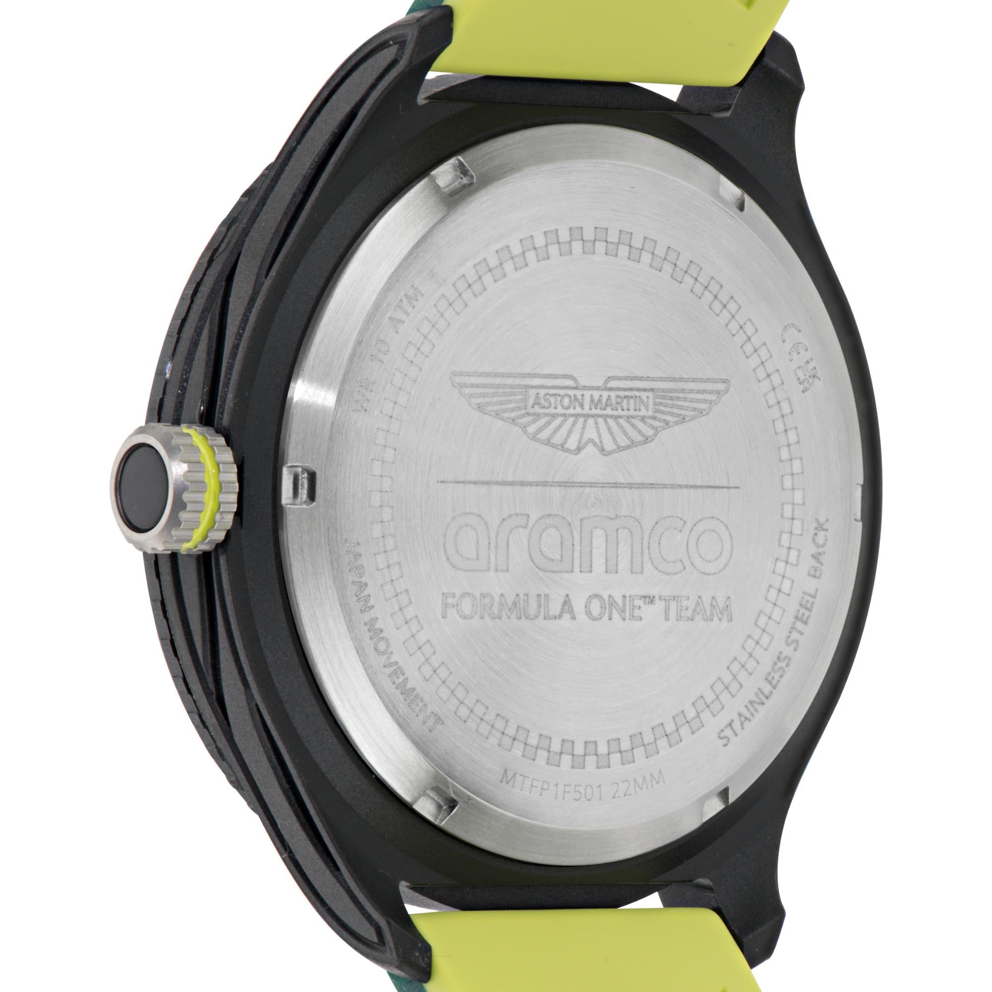 Aston Martin Aramco Formula One Team Quartz Chronograph Black Dial Podium Green and Yellow Silicone Strap Men's Watch MTFP1F501