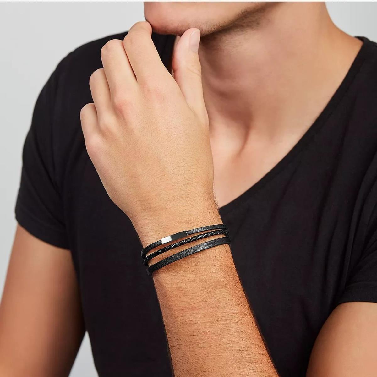 Fossil Townsman Black Multi-Strand Leather Men's Bracelet JF03322040