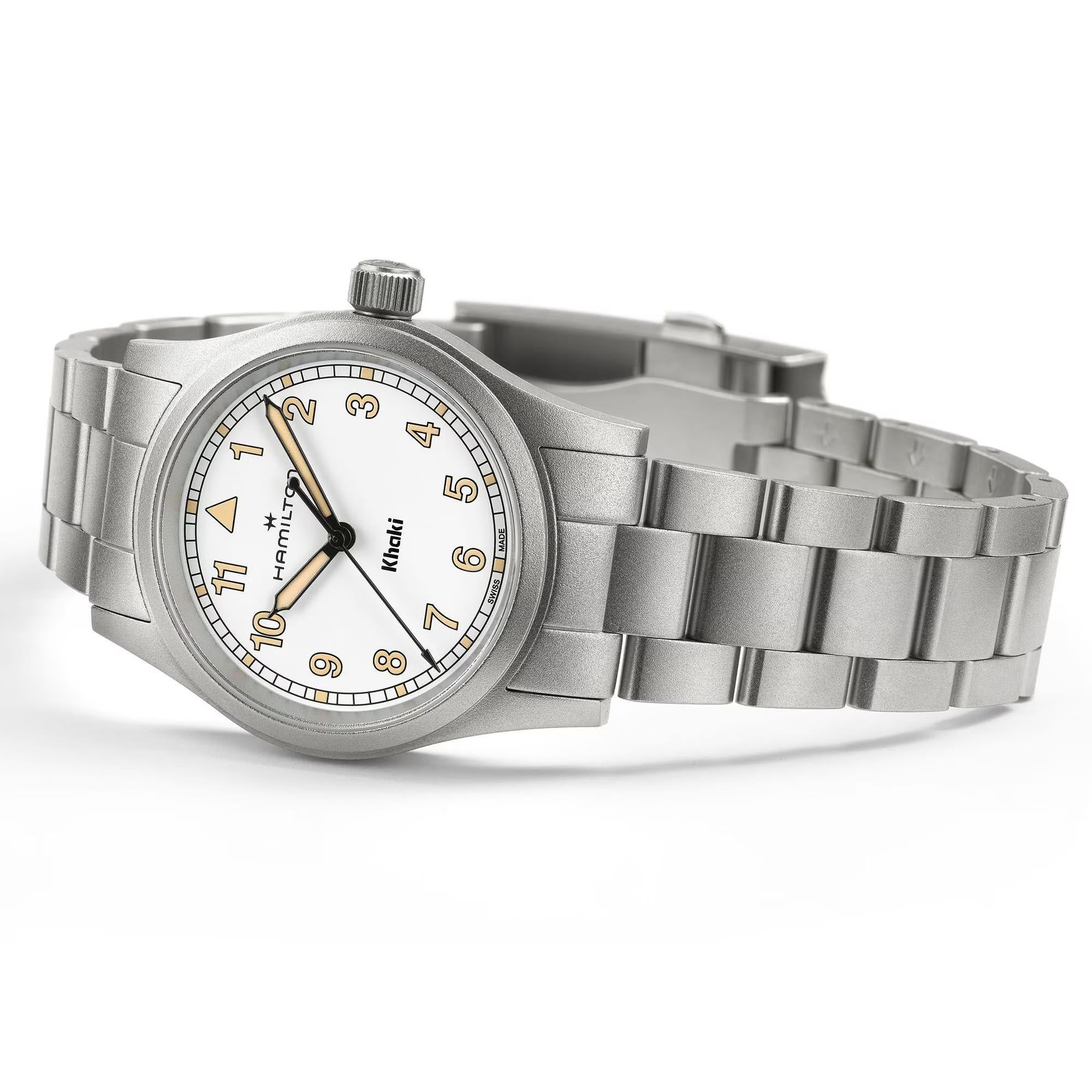 Hamilton Khaki Field H69301110 33mm white dial and stainless steel bracelet detail