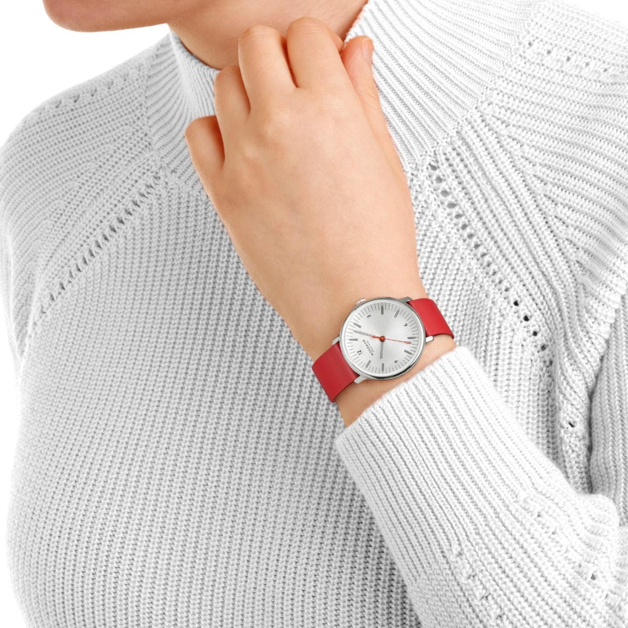 Mondaine Doppio White Dial Red Vegan Grape Leather Unisex Watch MLE.33110.LCV