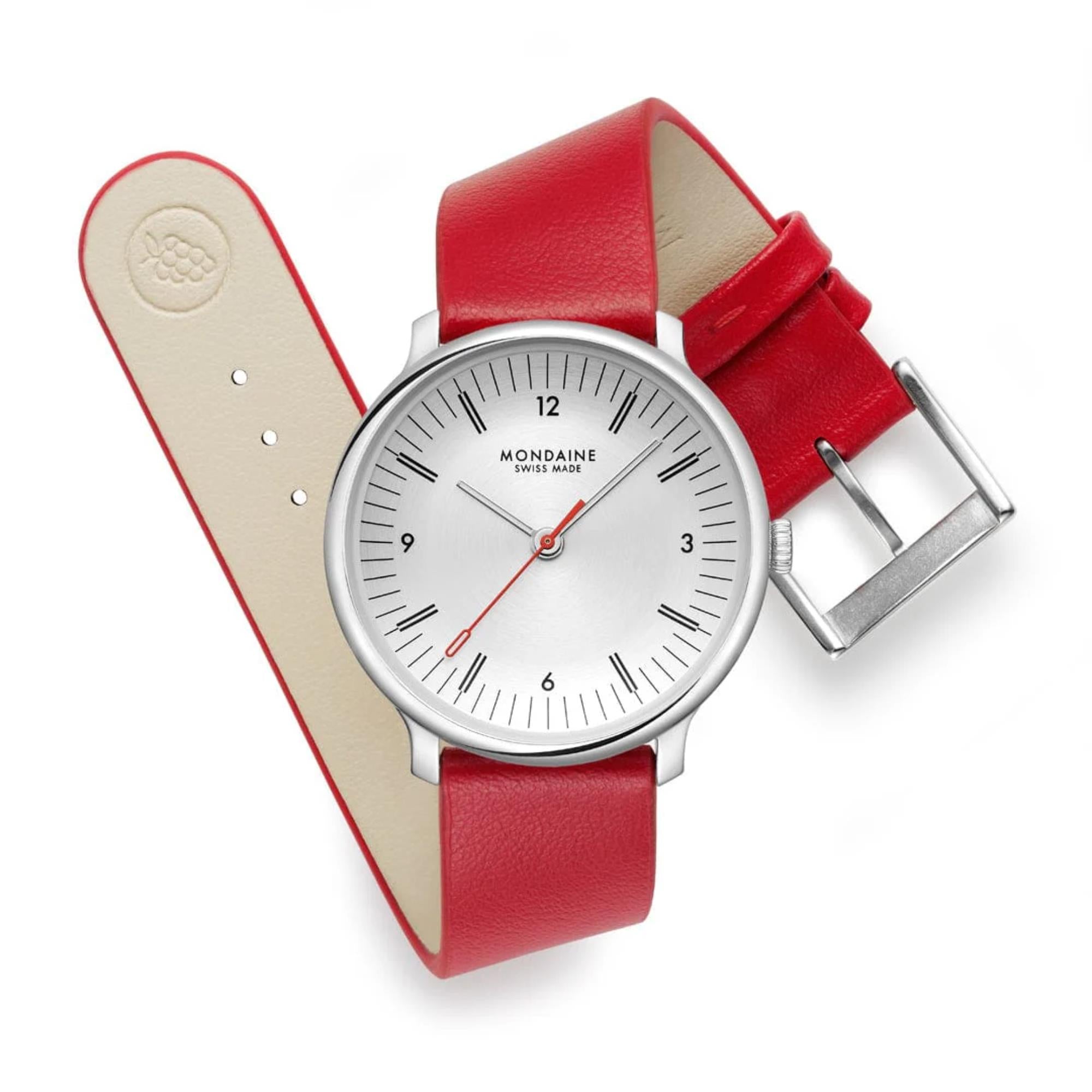 Mondaine Doppio White Dial Red Vegan Grape Leather Unisex Watch MLE.33110.LCV