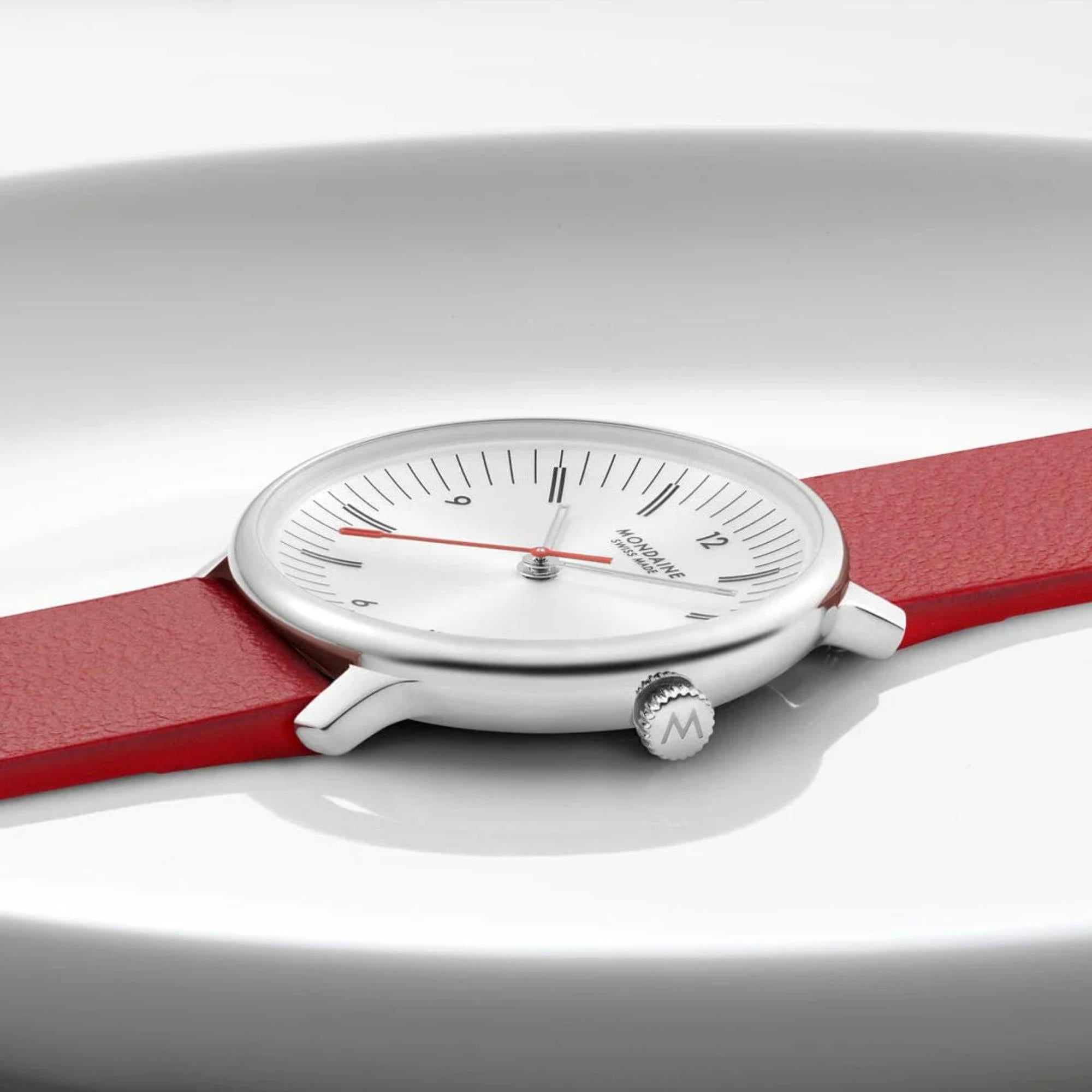 Mondaine Doppio White Dial Red Vegan Grape Leather Unisex Watch MLE.33110.LCV