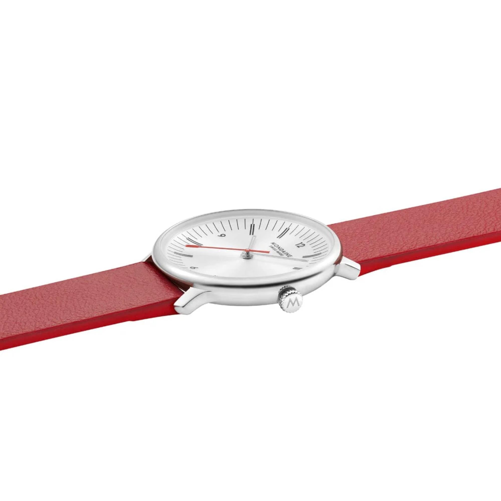Mondaine Doppio White Dial Red Vegan Grape Leather Unisex Watch MLE.33110.LCV
