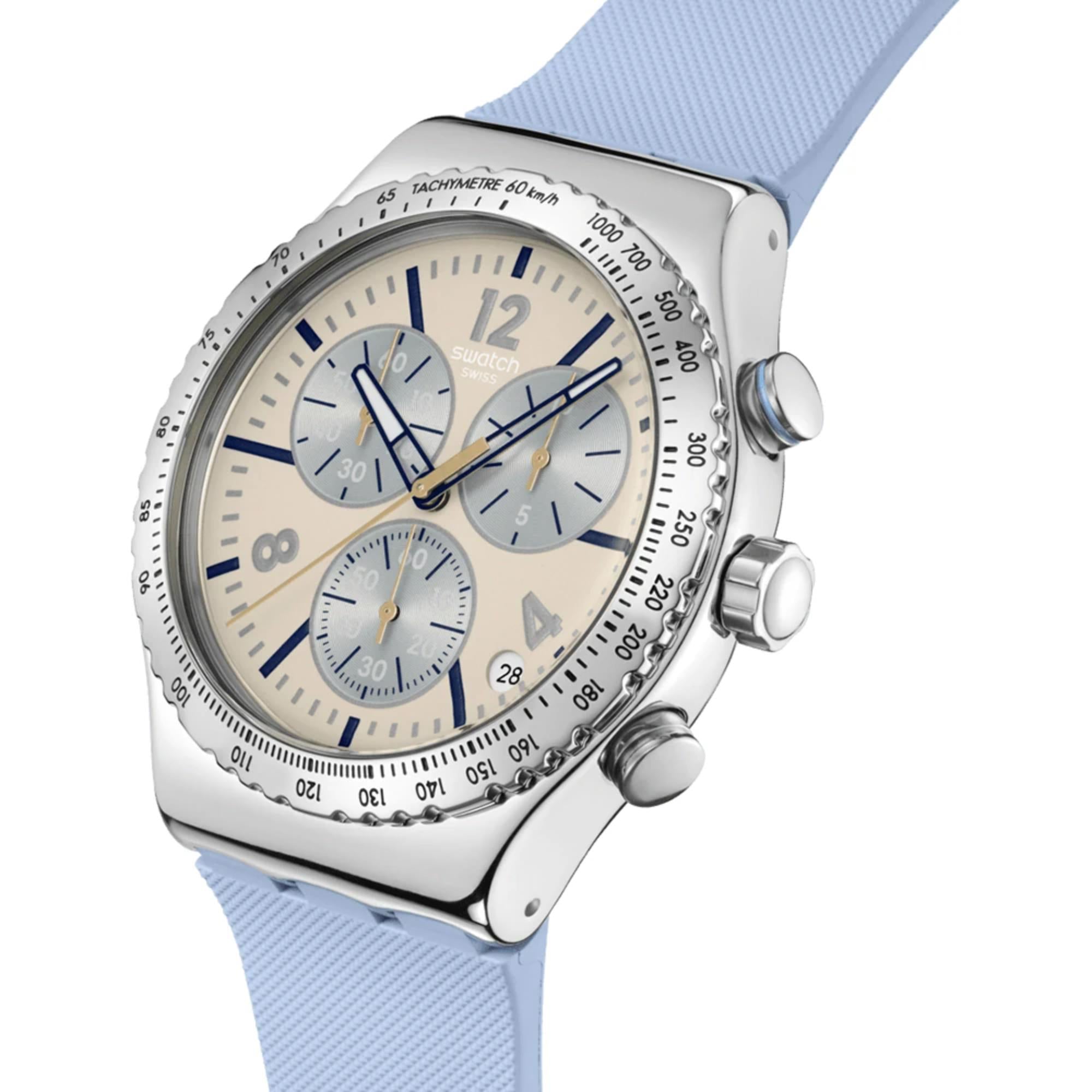 Swatch Irony Blueshift Glow Chronograph Blaues Zifferblatt Gummi Uhr YVS536