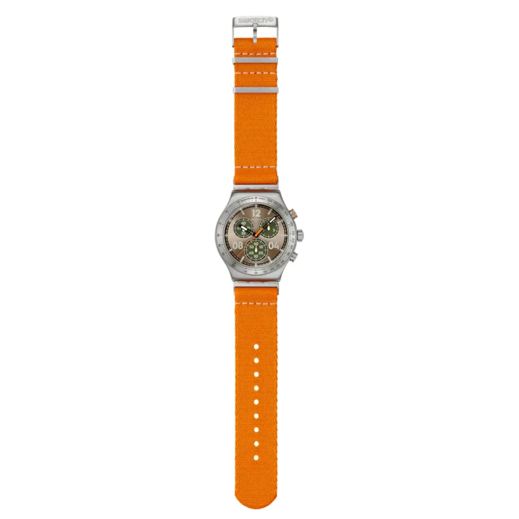Swatch Irony Vacation Time Braunes Zifferblatt Textil Armband Uhr YVS101