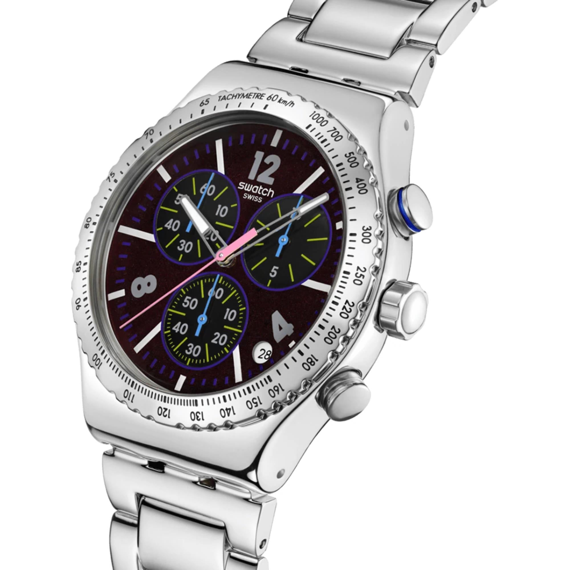 Swatch Irony Purple Glow Chronograph Schwarzes Zifferblatt Stahl Armband Uhr YVS533G
