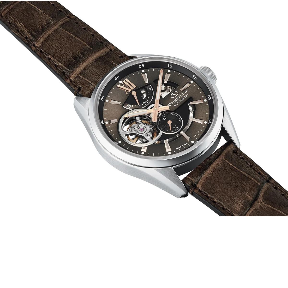 Orient Star Modern Skeleton 41mm Power Reserve Braunes Zifferblatt Leder Herren Automatik Uhr RE-AV0006Y00B