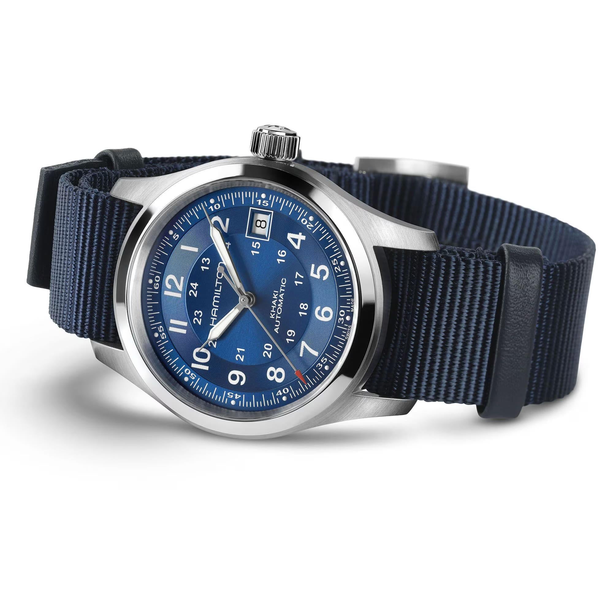 Hamilton Khaki Field H70455940 38mm blue dial NATO automatic watch on white background