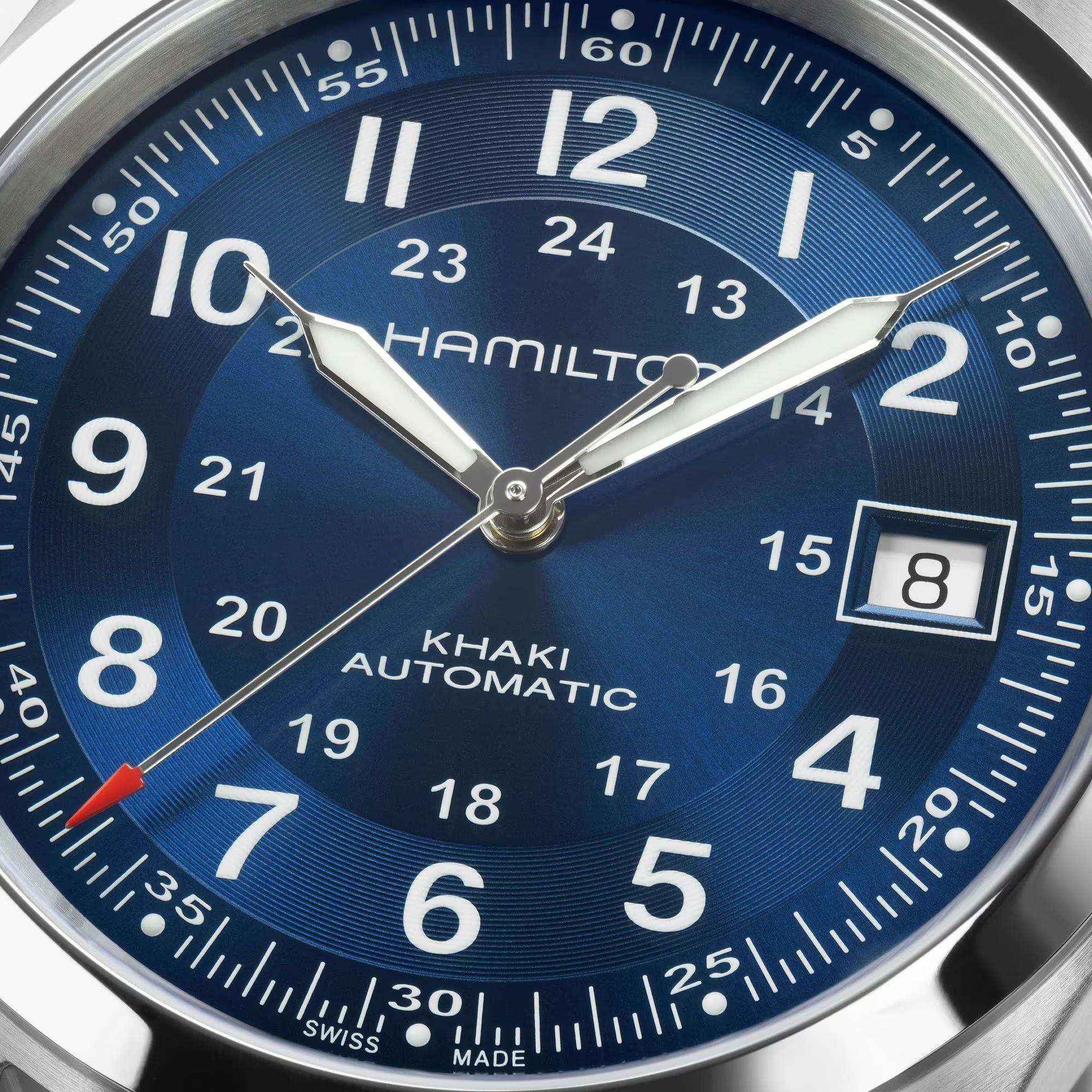 Hamilton Khaki Field H70455940 blue multi-textured dial with Arabic numerals and date close-up