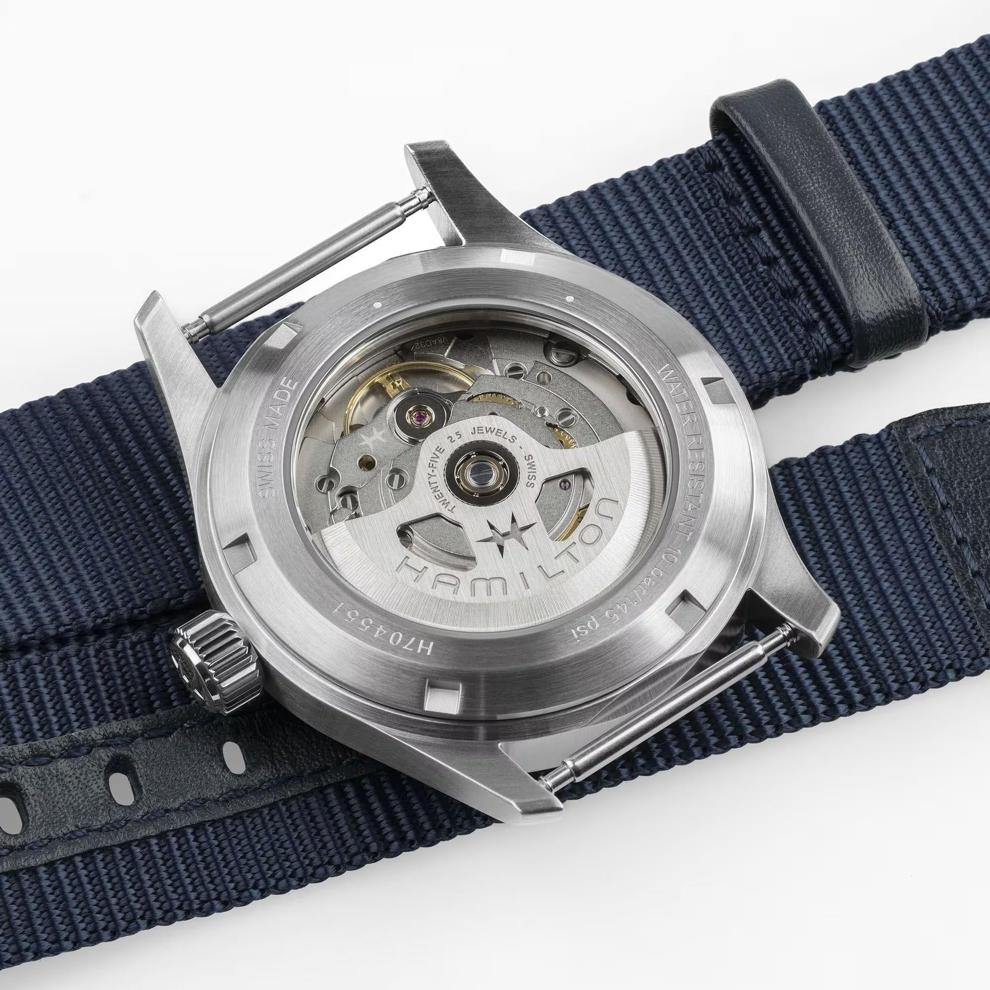 Hamilton Khaki Field H70455940 exhibition caseback revealing H-10 movement