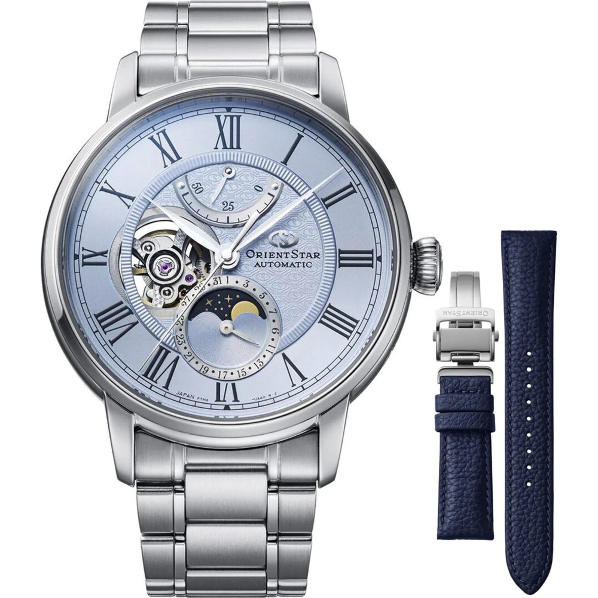Orient Star RE-BT0007L00B Moon Phase semi skeleton blue dial limited edition automatic watch front view