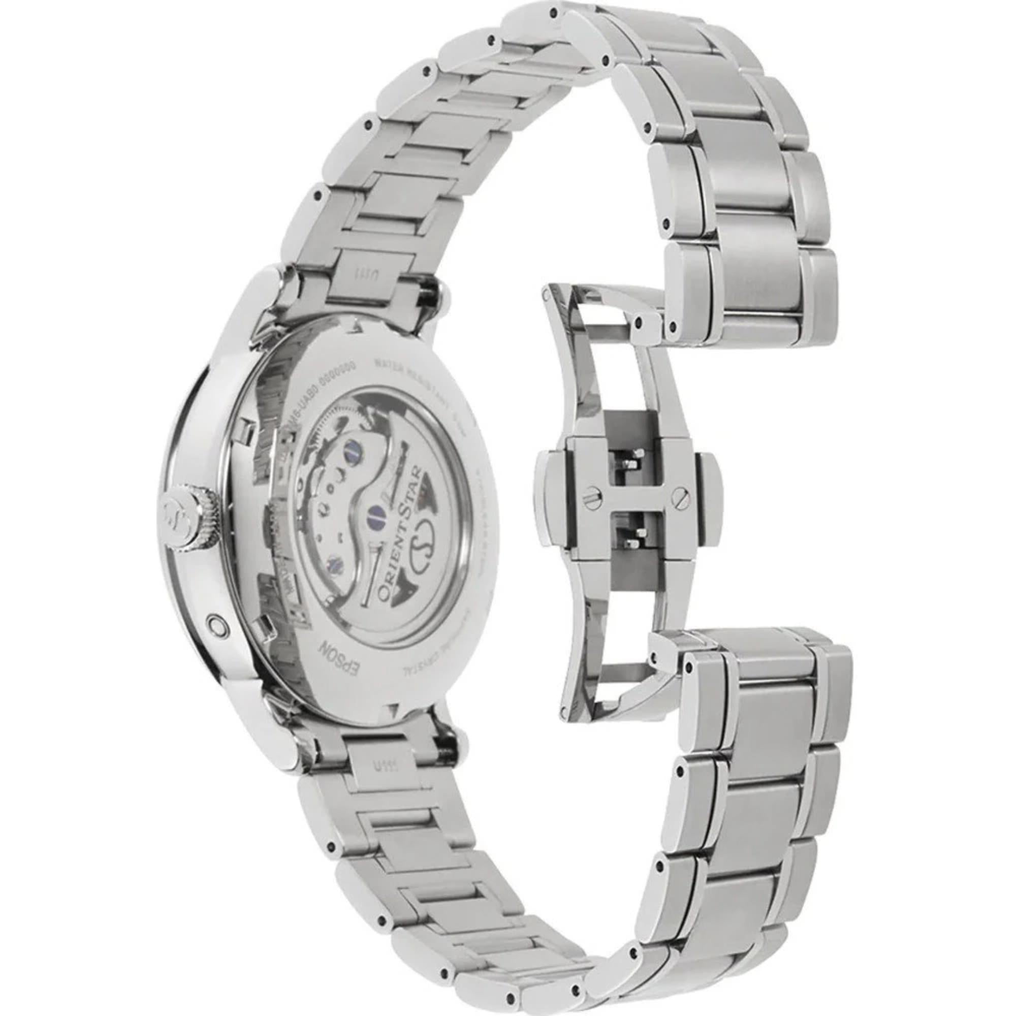 Orient Star RE-BT0007L00B exhibition case back showing in-house automatic movement and stainless steel bracelet