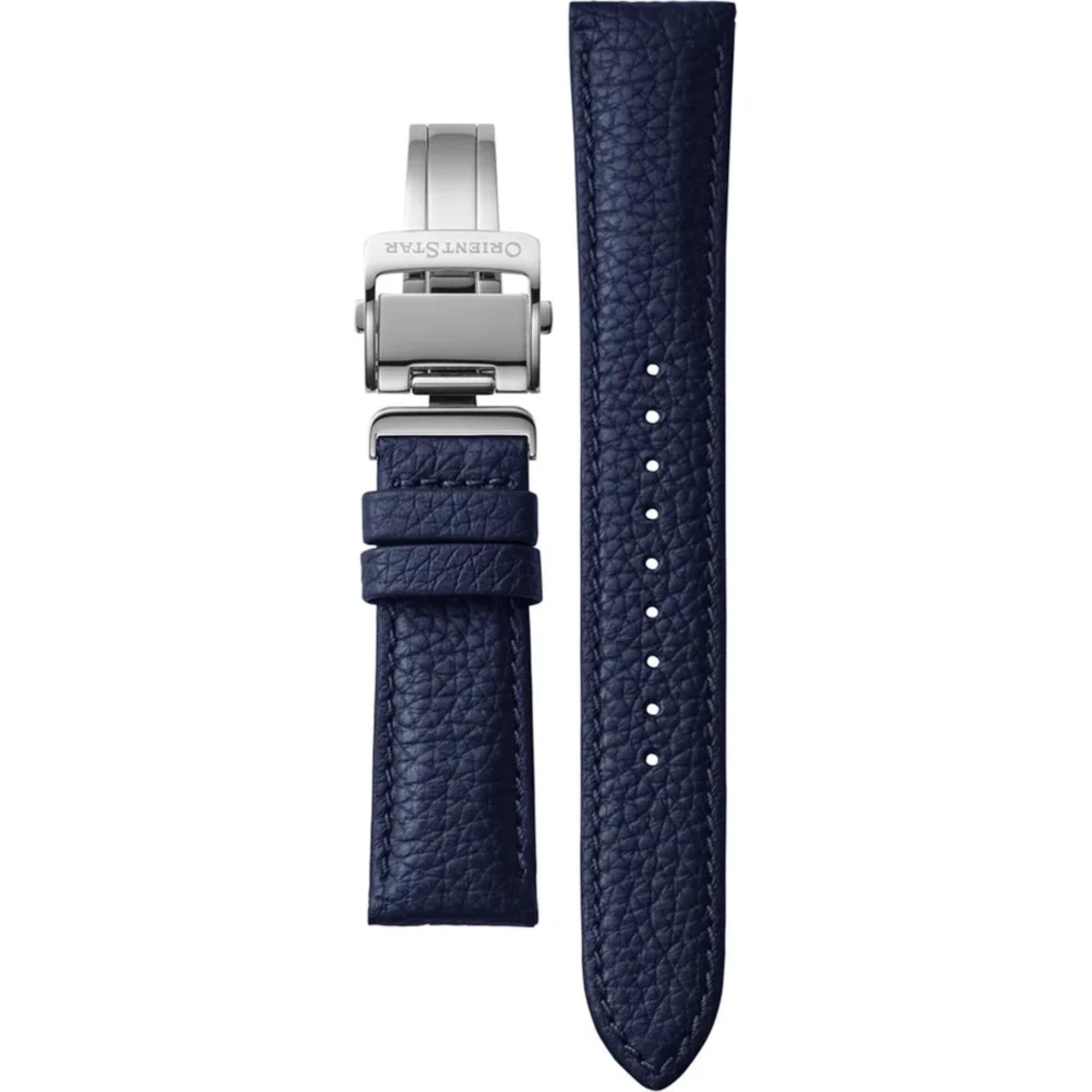 Additional navy blue leather strap with deployment clasp for Orient Star RE-BT0007L00B Moon Phase watch