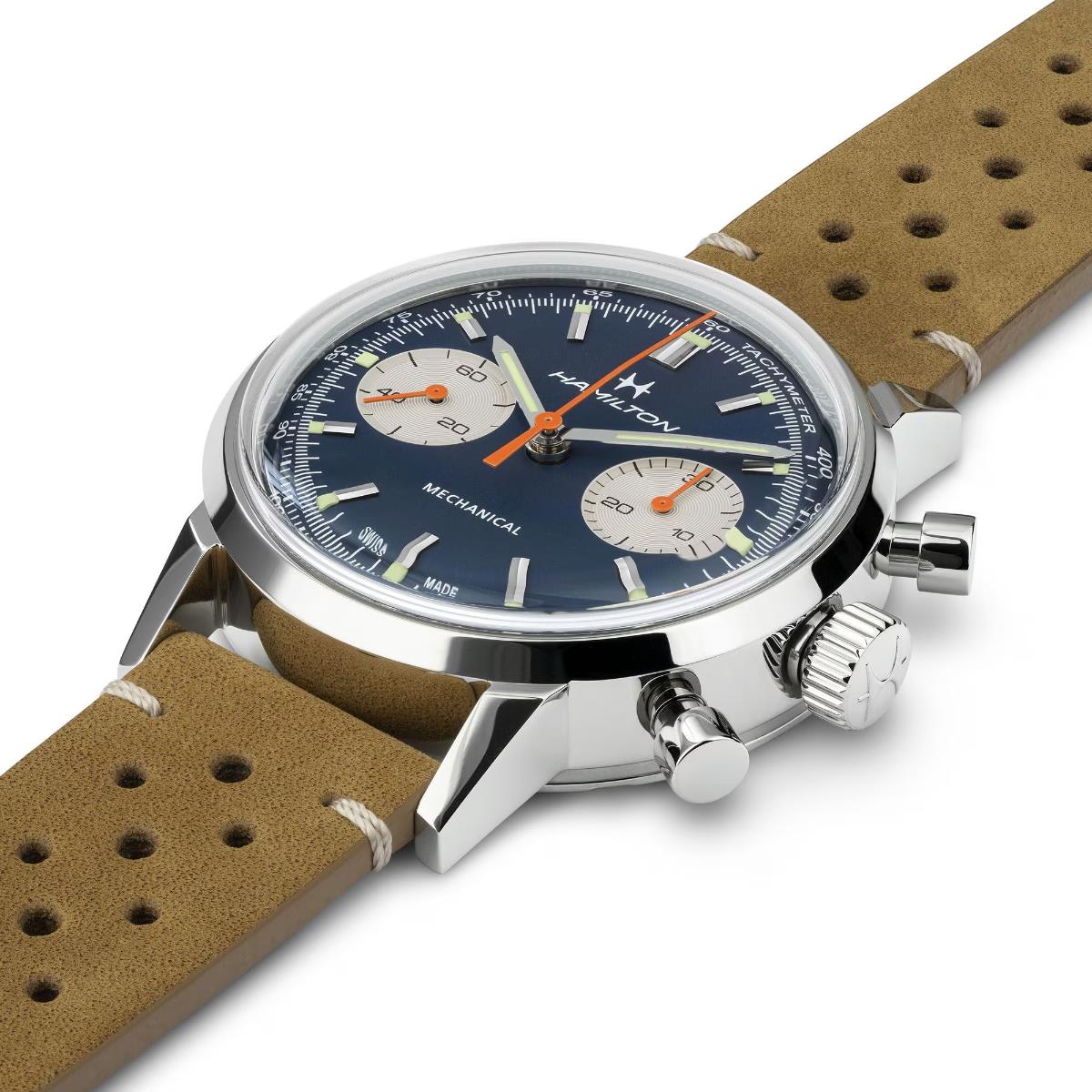 Hamilton American Classic 40mm Intra-Matic blue chronograph watch with a tan leather strap