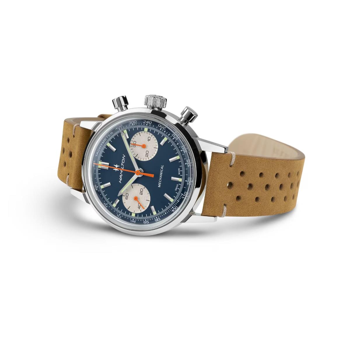 Hamilton American Classic Intra-Matic blue chronograph watch with a tan leather strap.