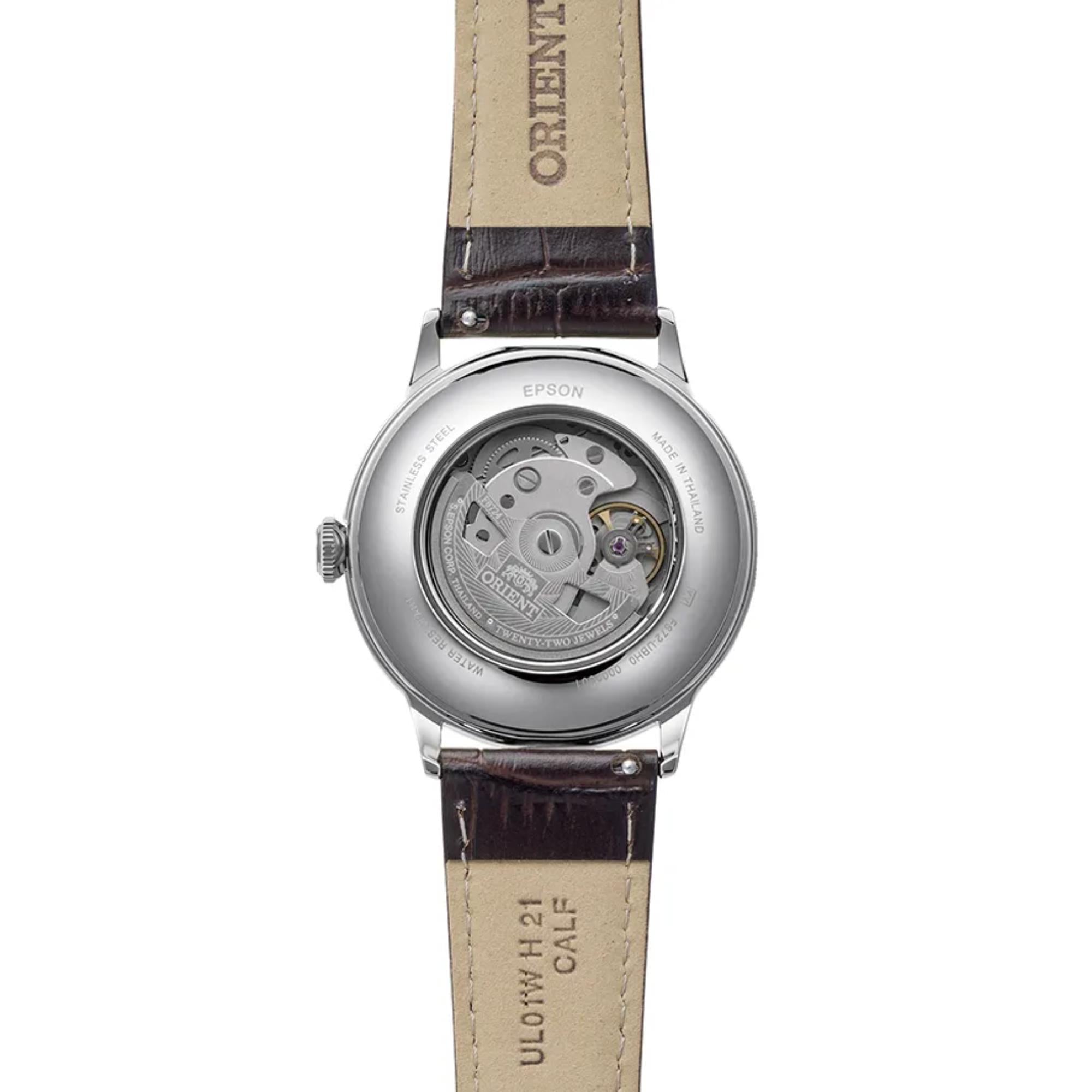 Orient Bambino RA-AC0029E30B brown leather strap detail