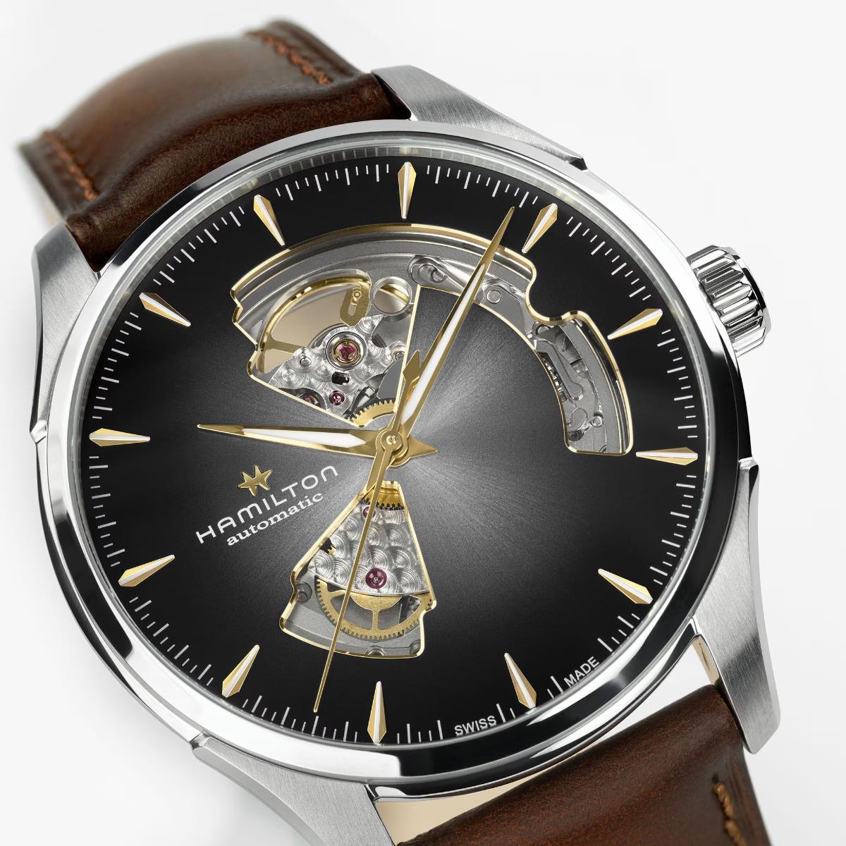 Hamilton H32675581 open-heart aperture revealing H-10 balance spring close-up