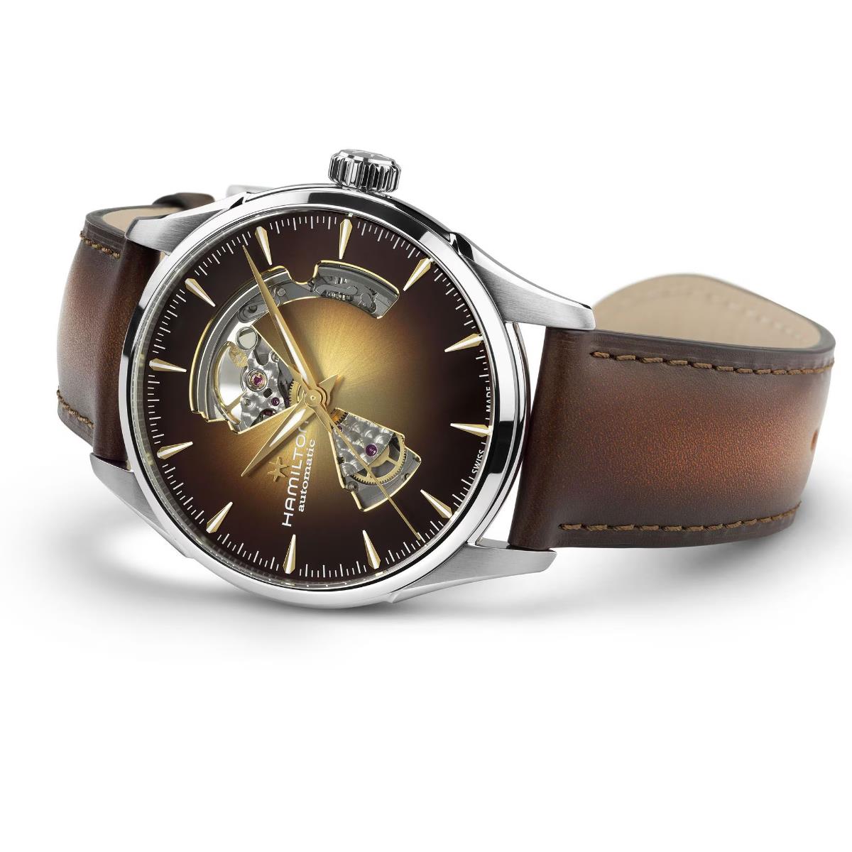 Hamilton Jazzmaster 42mm Open Heart smoky brown dial calf leather automatic watch H32705501