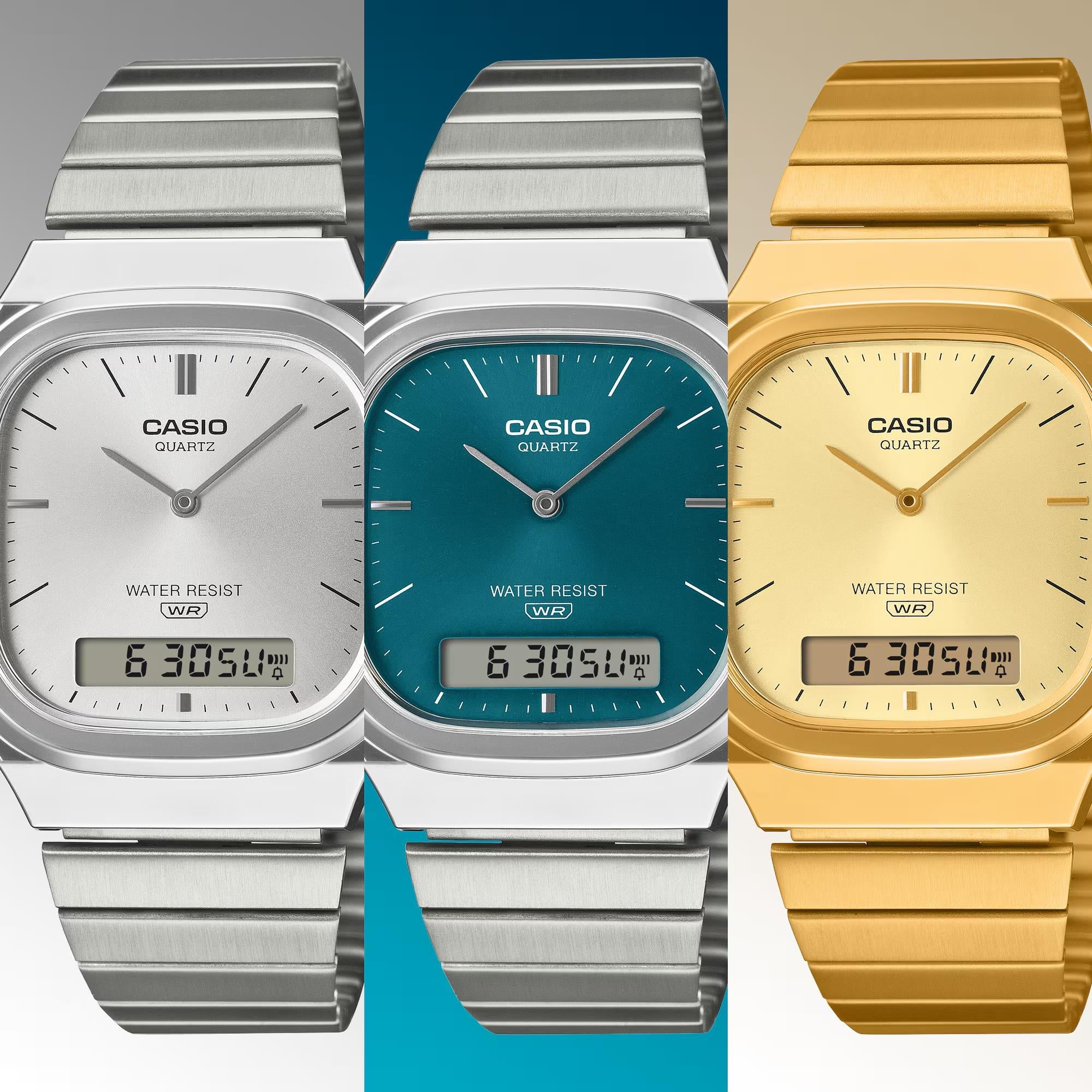 Casio Vintage Quarz Grüne Digi-Analoge Stahlarmband Uhr AQ-240E-3AEF