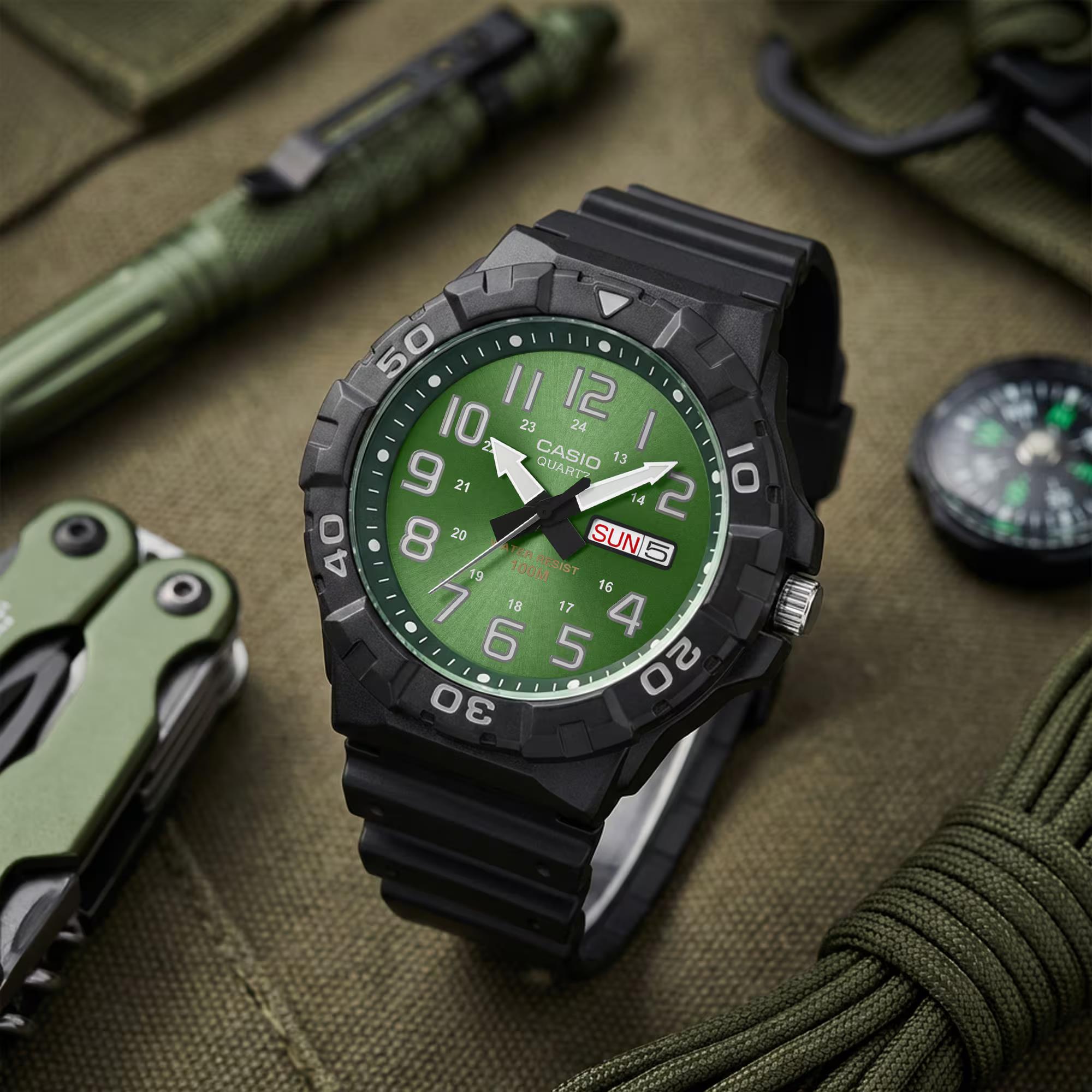 Casio Green Face Series MRW-210H-3BVEF green dial angled lifestyle view