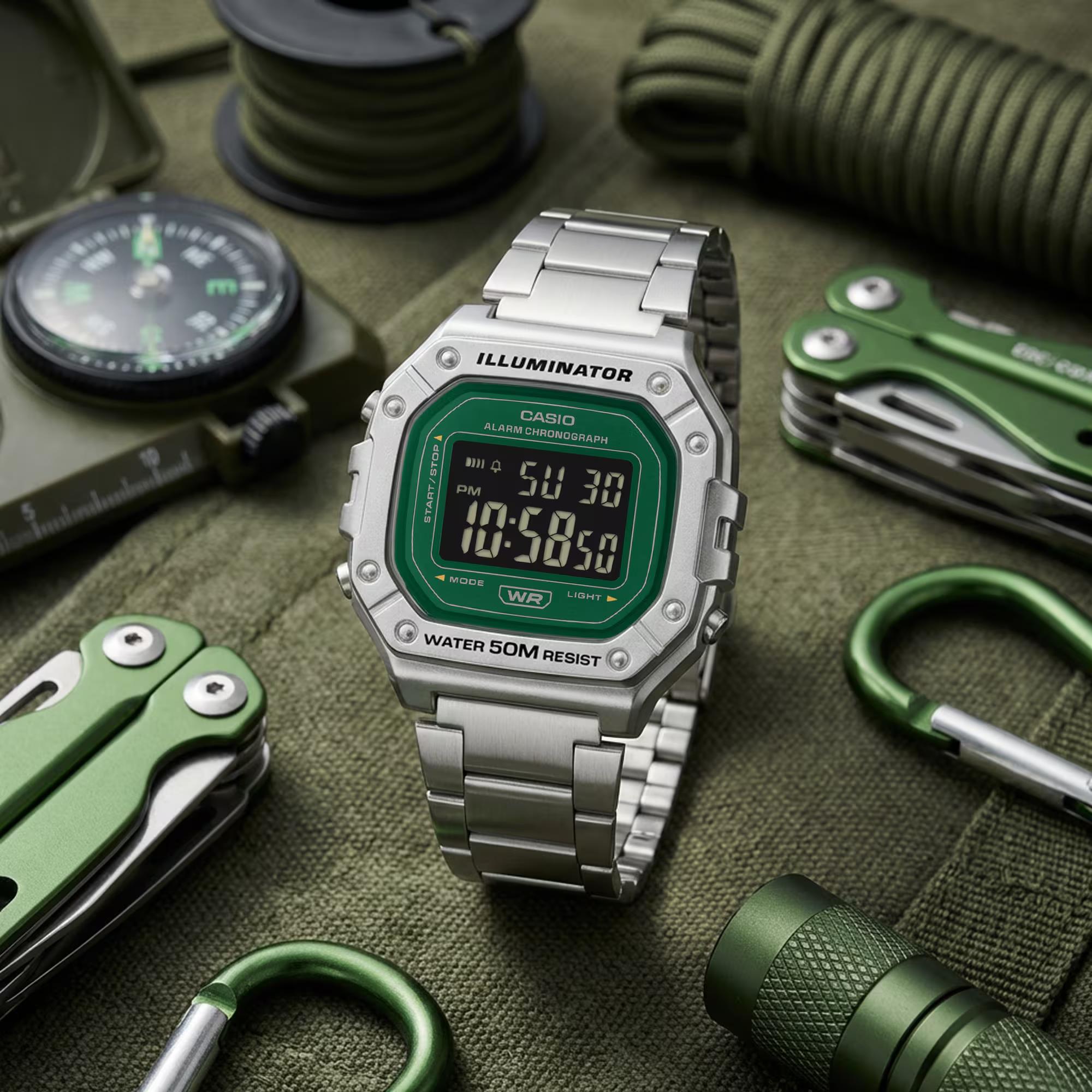 Casio Green Face Series Digitale Stahlarmband Herren Uhr W-218HD-3AVEF