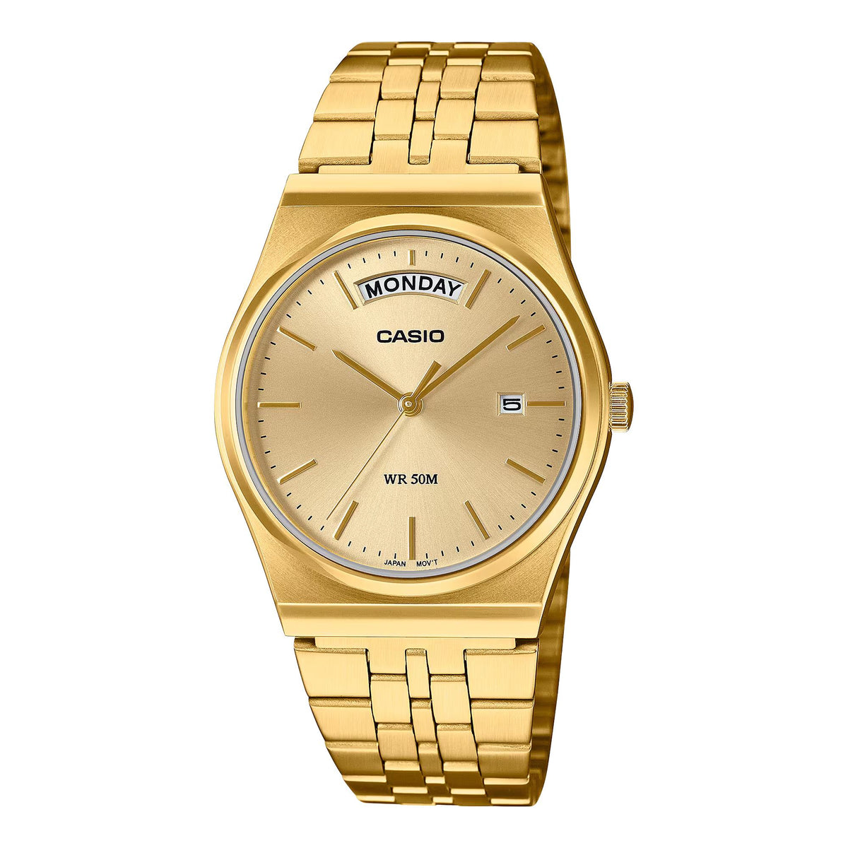Casio MTP Series Watch MTP-B146G-9AVEF with 35mm gold dial, day-date window, and gold-tone stainless steel bracelet