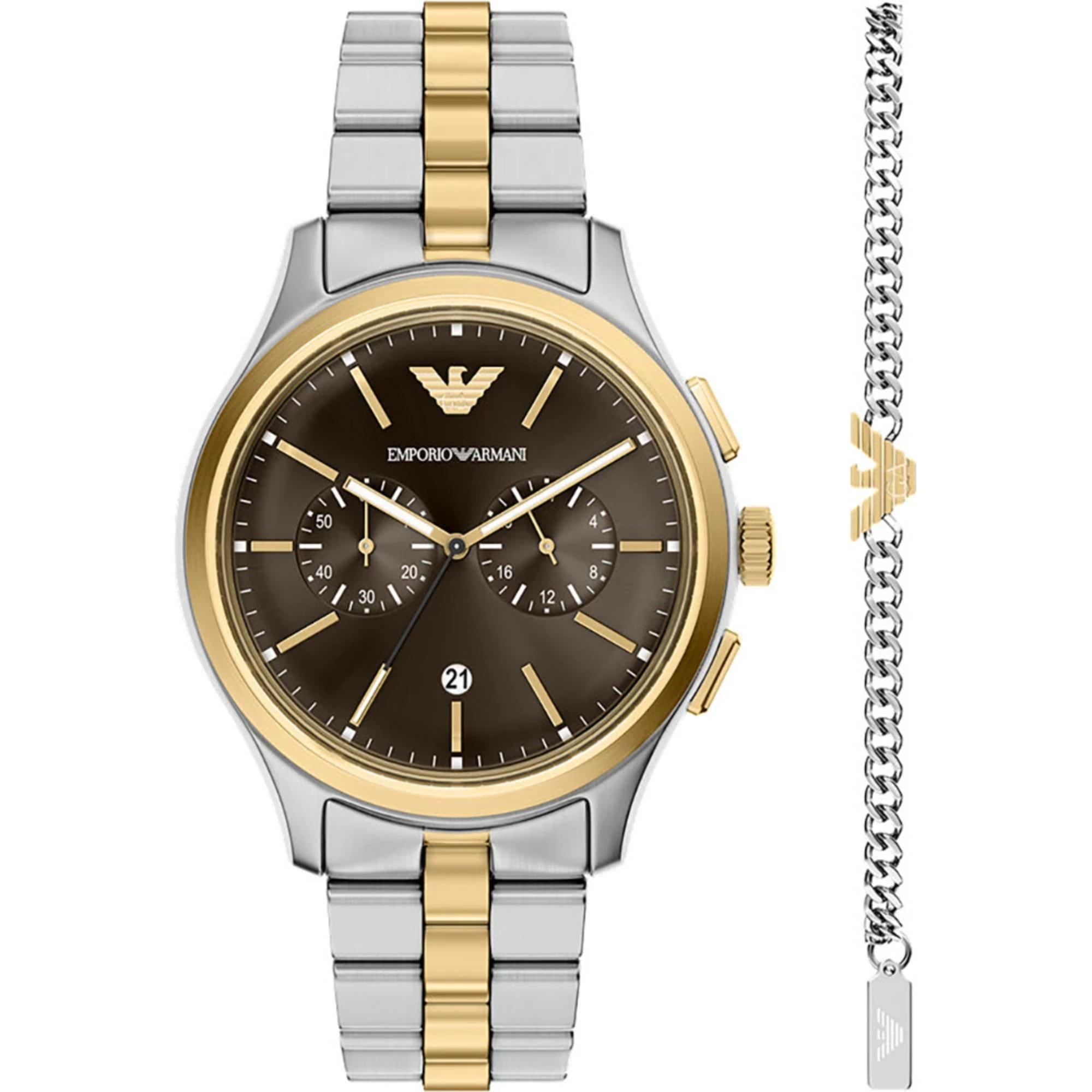Emporio Armani Chronograph Quartz Brown Dial Steel Strap Men's Watch AR80084SET