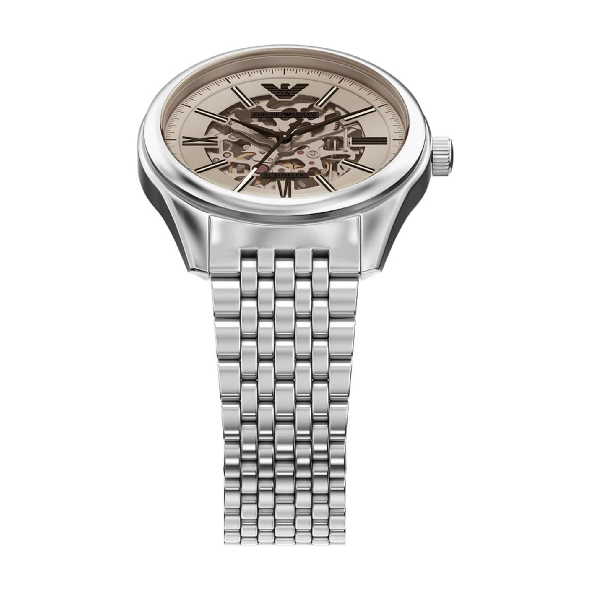 Emporio Armani Antonio 43mm Skeleton Silver Dial Steel Mens Automatic Watch AR60095