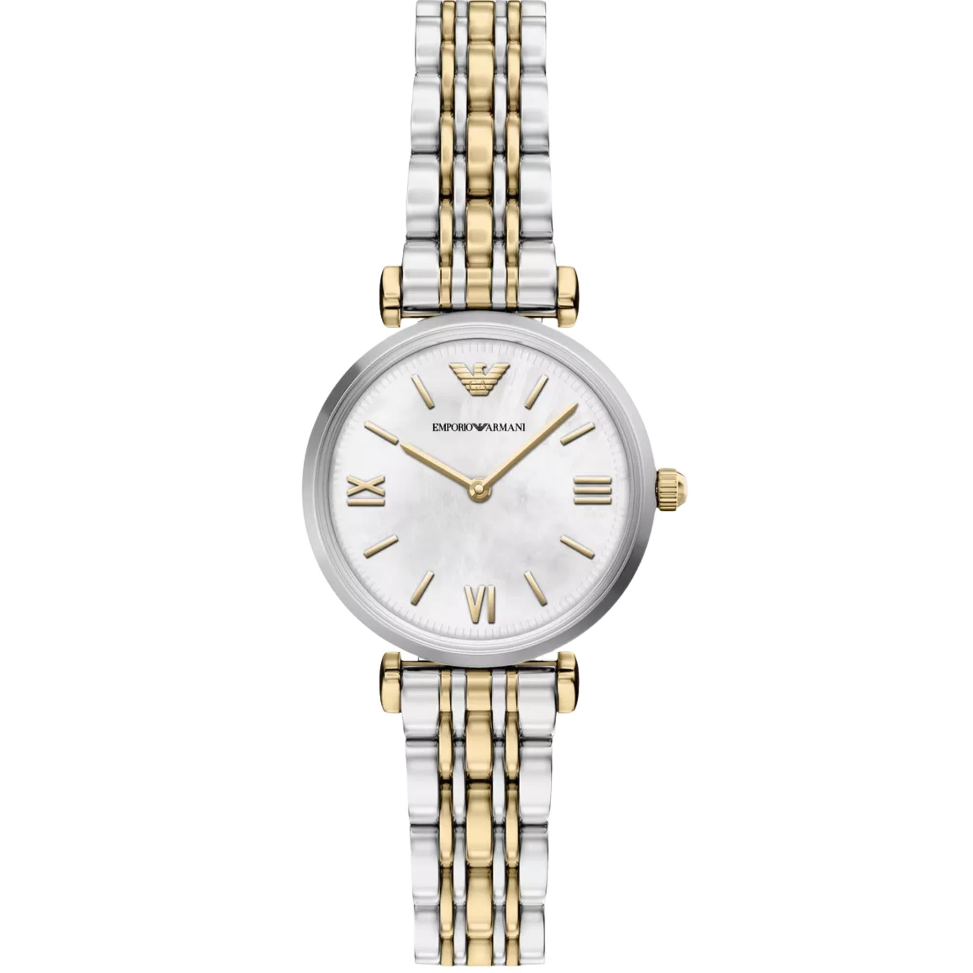 Emporio Armani Gianni T-Bar 28mm White Mother of Pearl Dial Steel Ladies Quartz Watch AR11769