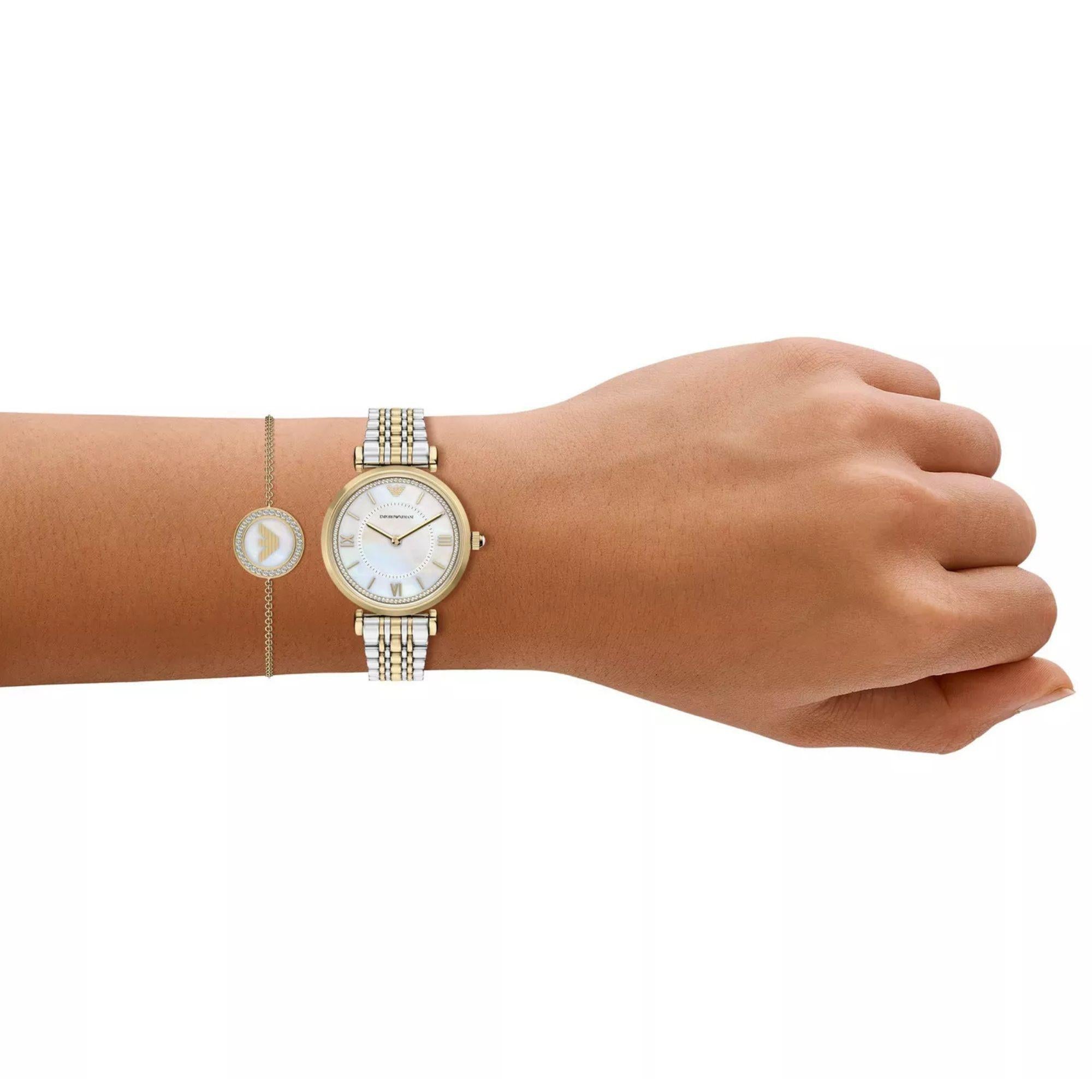 Emporio Armani Gianni T-Bar 32mm White Mother of Pearl Dial Steel Quartz Watch Set AR80086SET
