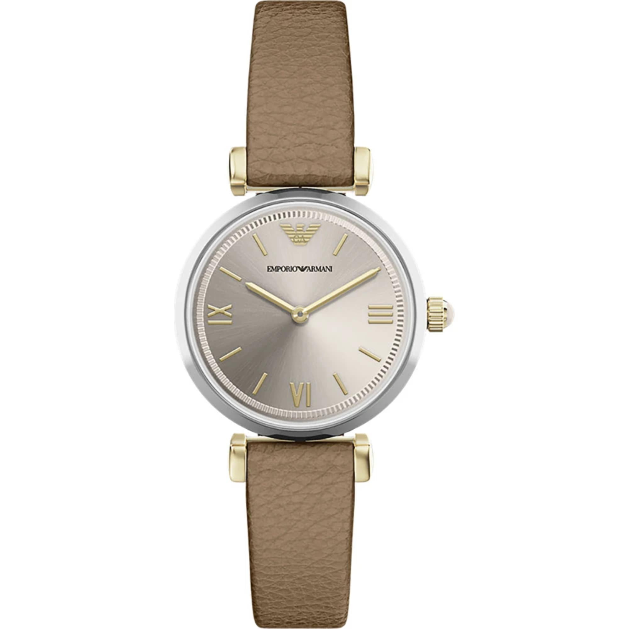 Emporio Armani Gianni T-Bar 28mm Champagne Dial Leather Ladies Watch AR11770