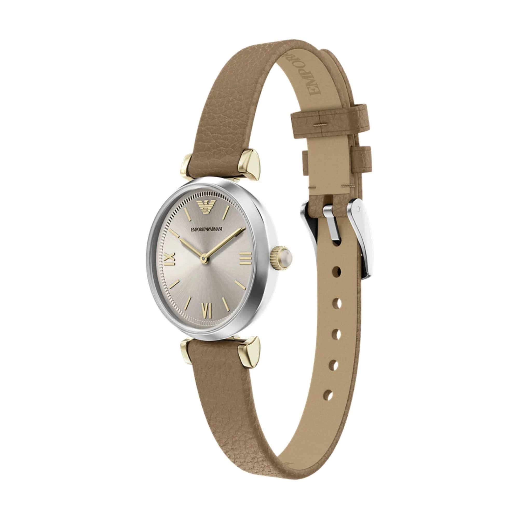 Emporio Armani Gianni T-Bar 28mm Champagne Dial Leather Ladies Watch AR11770