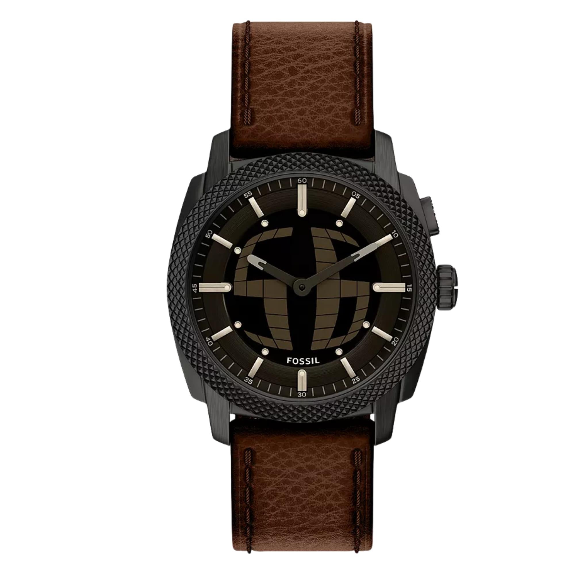 Fossil Machine 41mm Schwarzes Zifferblatt Leder Herren Digi-Analogue Uhr FS6165