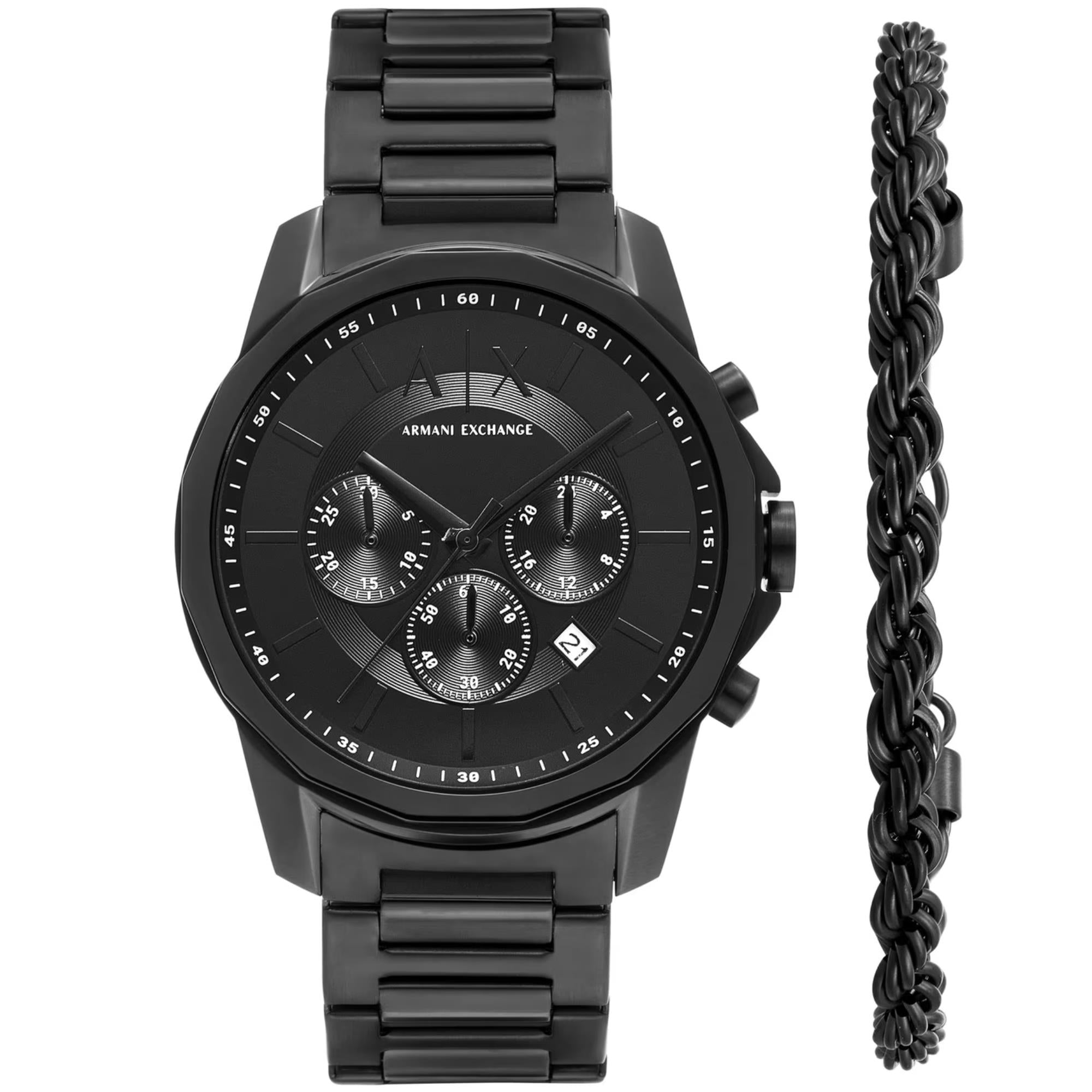 Armani Exchange Banks 44mm Chronograph Black Dial Steel Mens Quartz Watch AX7163SET