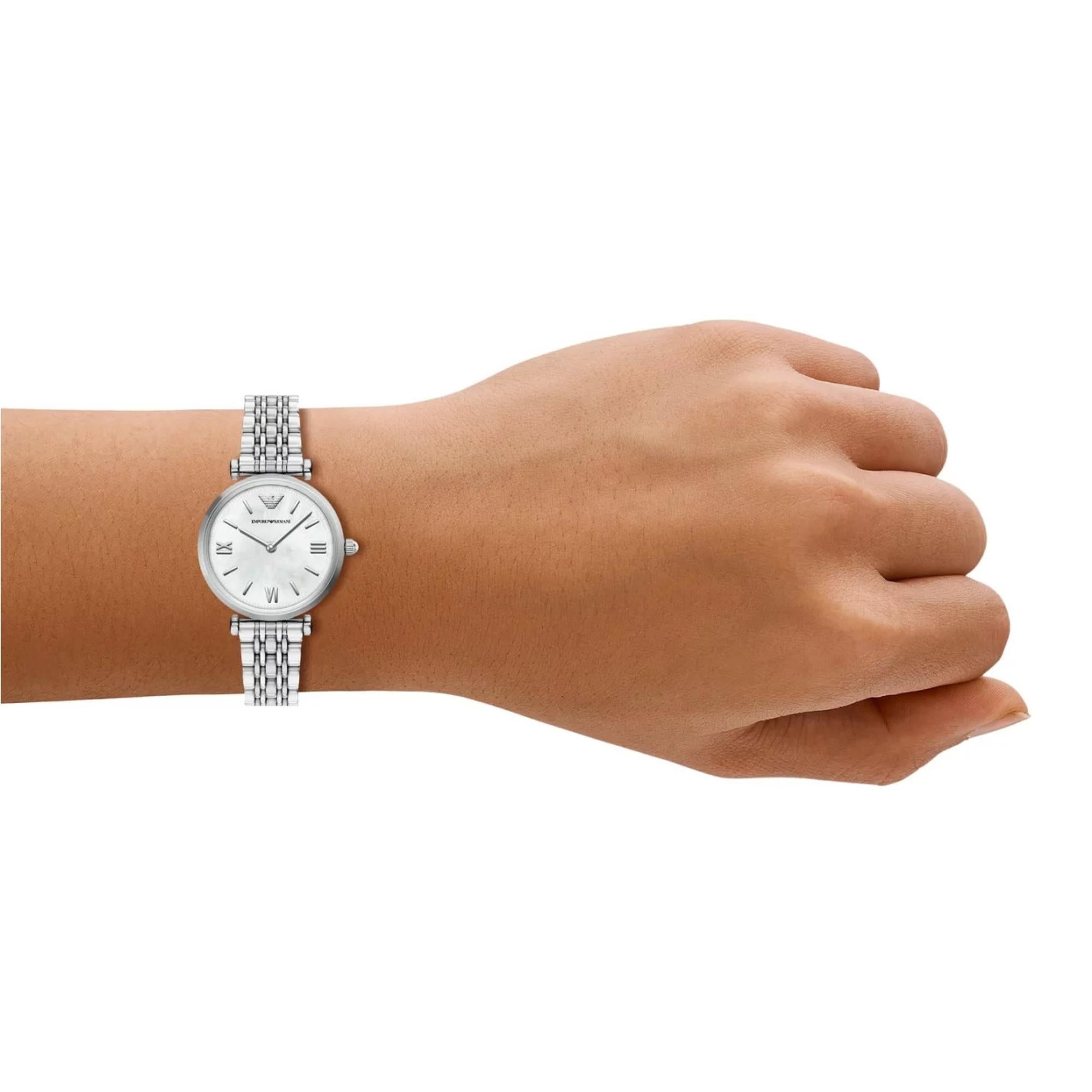 Emporio Armani Gianni T-Bar 28mm White Mother of Pearl Dial Steel Ladies Quartz Watch AR11768