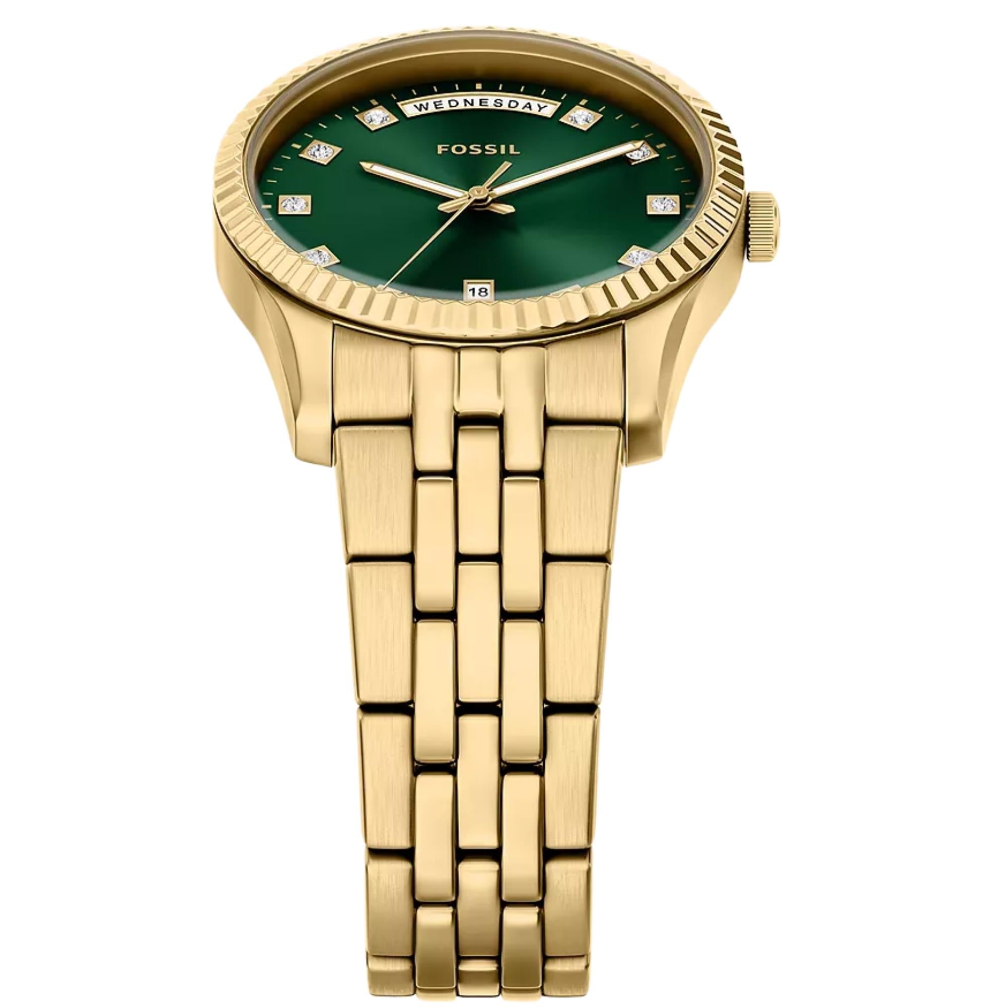 Fossil Scarlette 34mm Green Dial Steel Ladies Quartz Watch ES5460