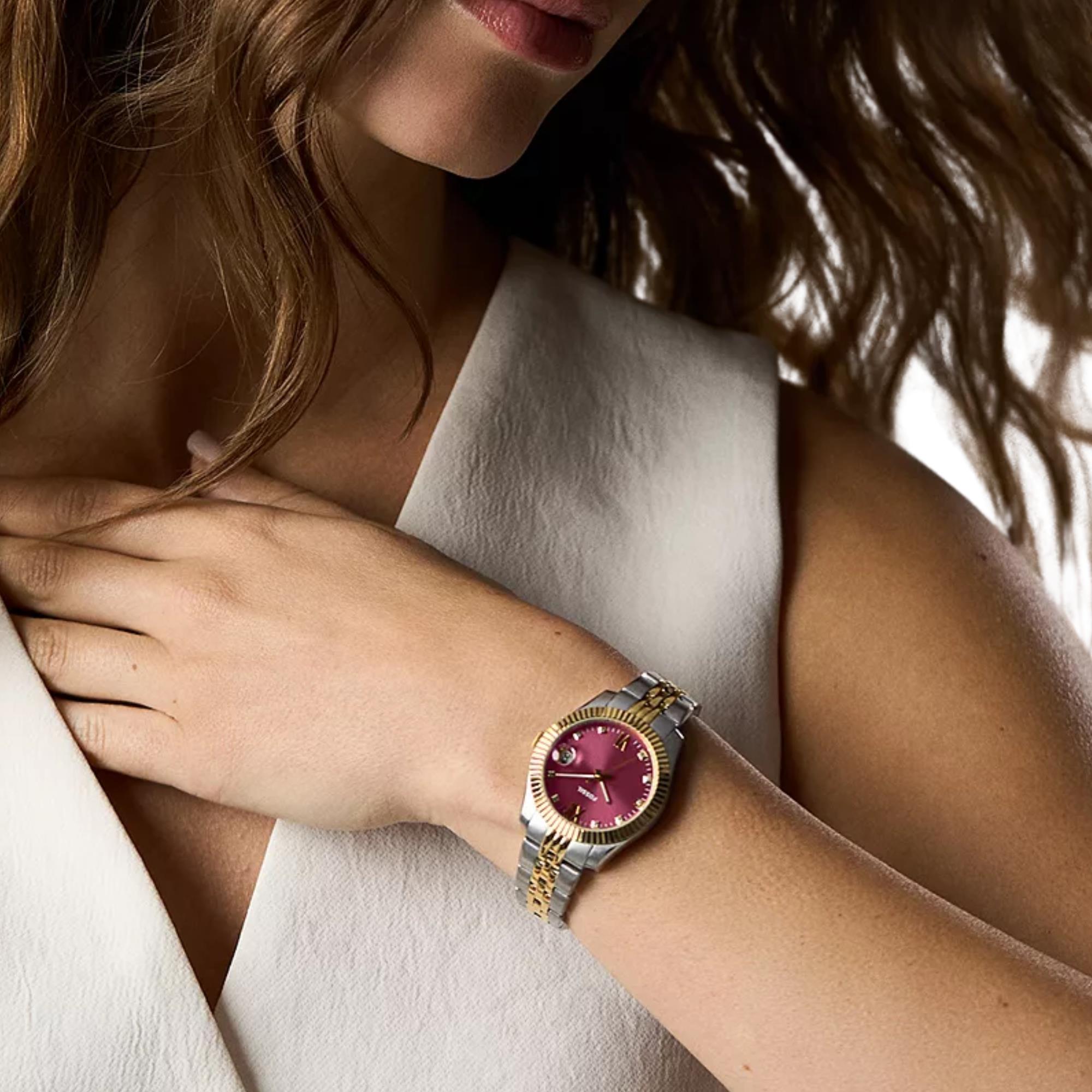 Fossil Scarlette 32mm Pink Dial Steel Ladies Quartz Watch ES5461