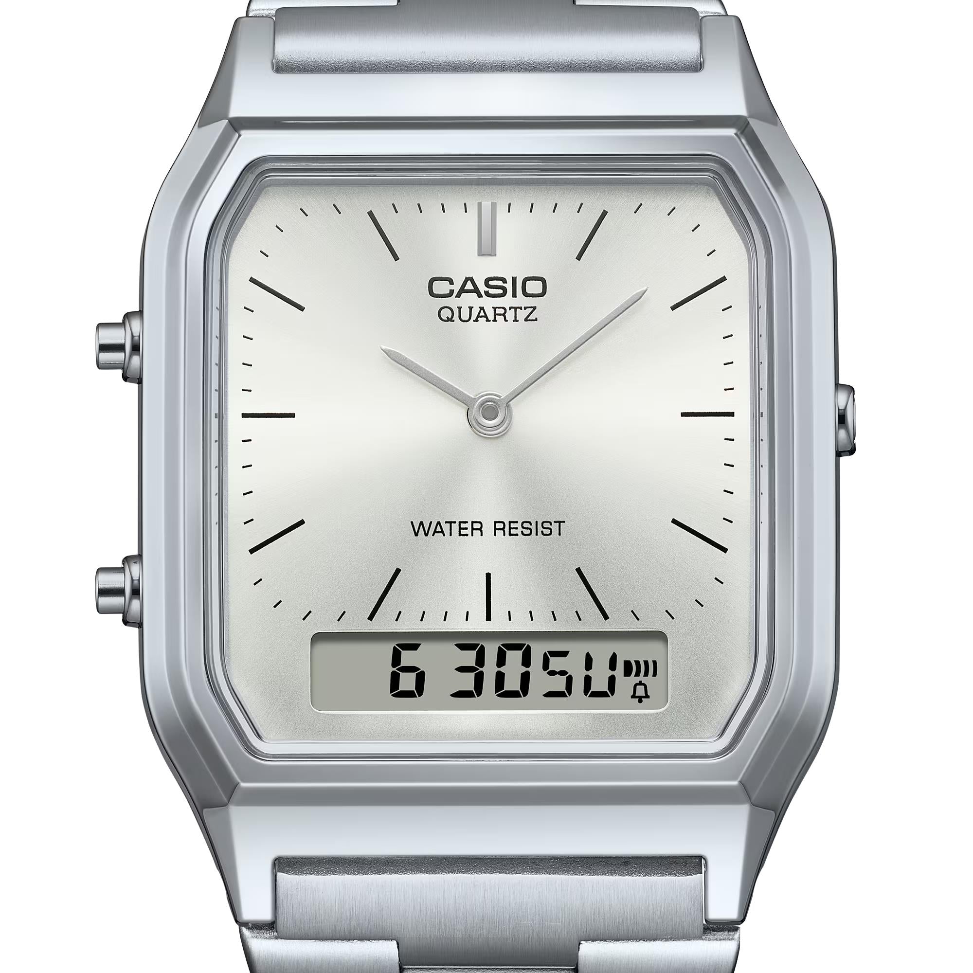 Casio Vintage Quarz Silbernes Zifferblatt Edelstahlarmband Uhr AQ-230A-7AMQYES
